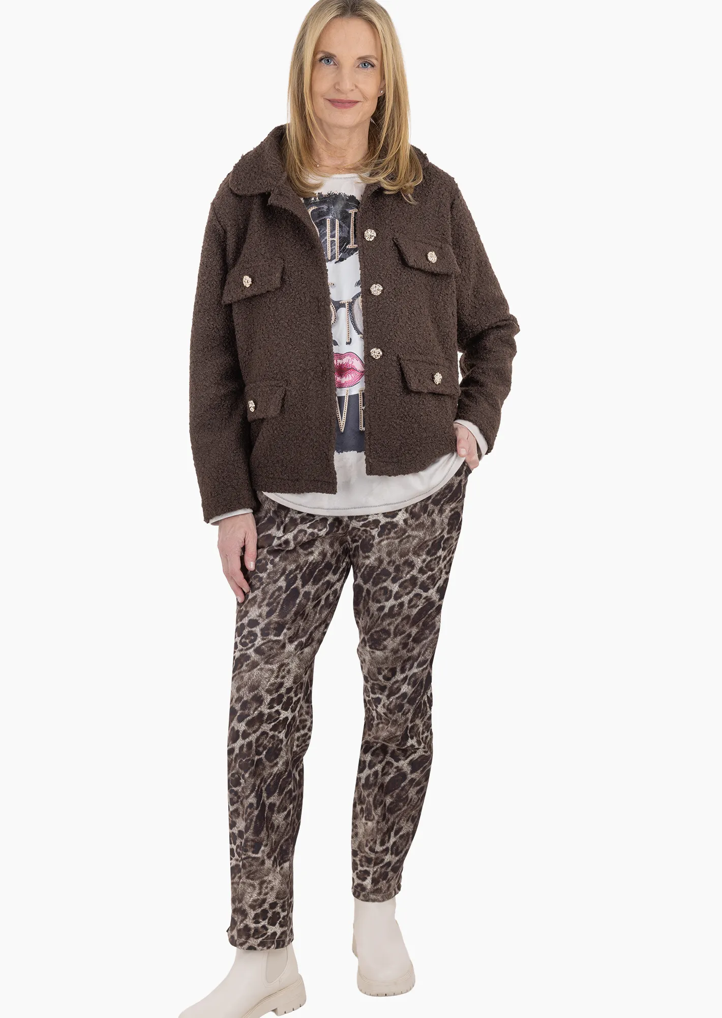Suede-Joggpants im Leoprint, mocca