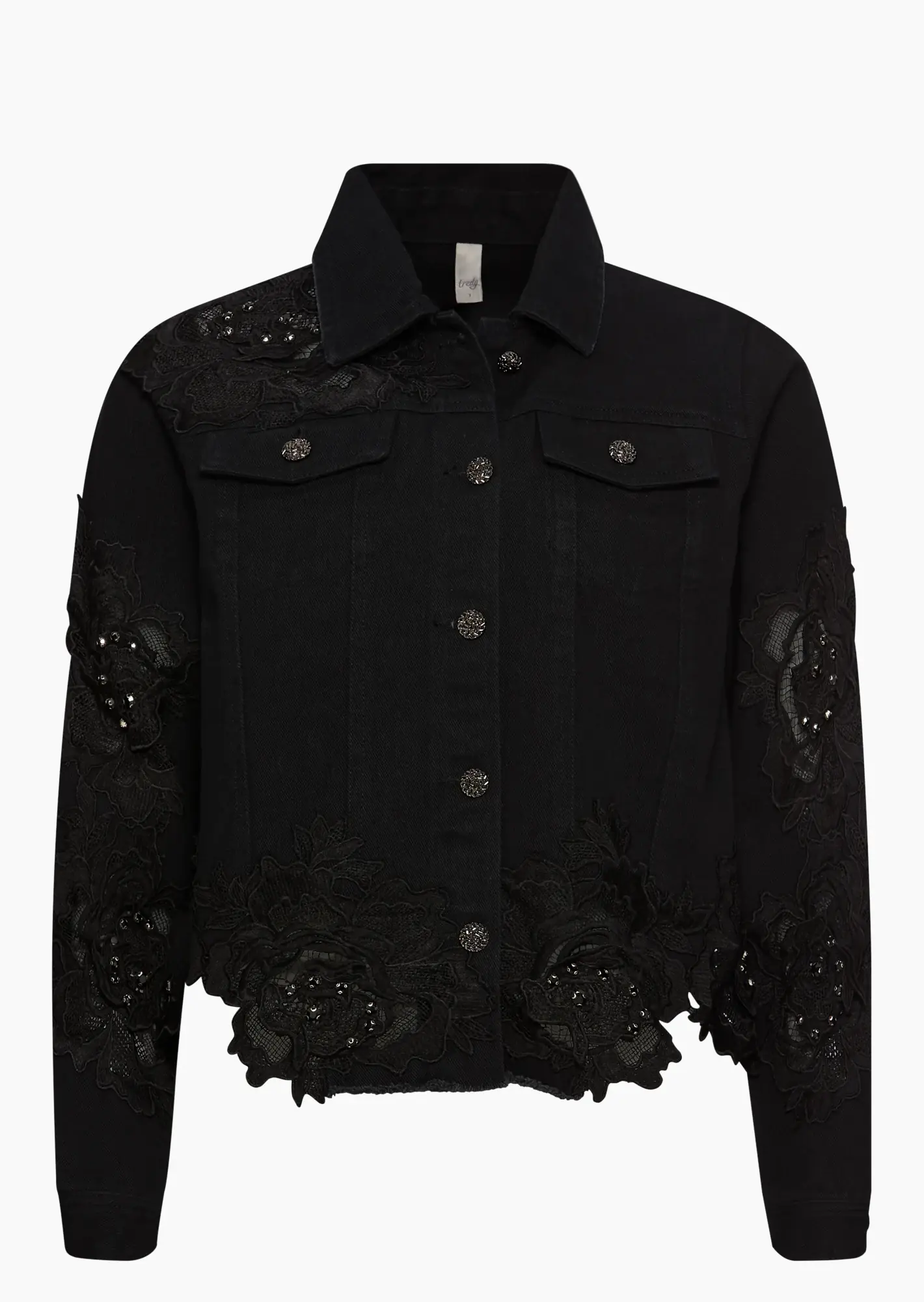 Jeansjacke mit Patches aus Stickerei & Ziersteinen, schwarz