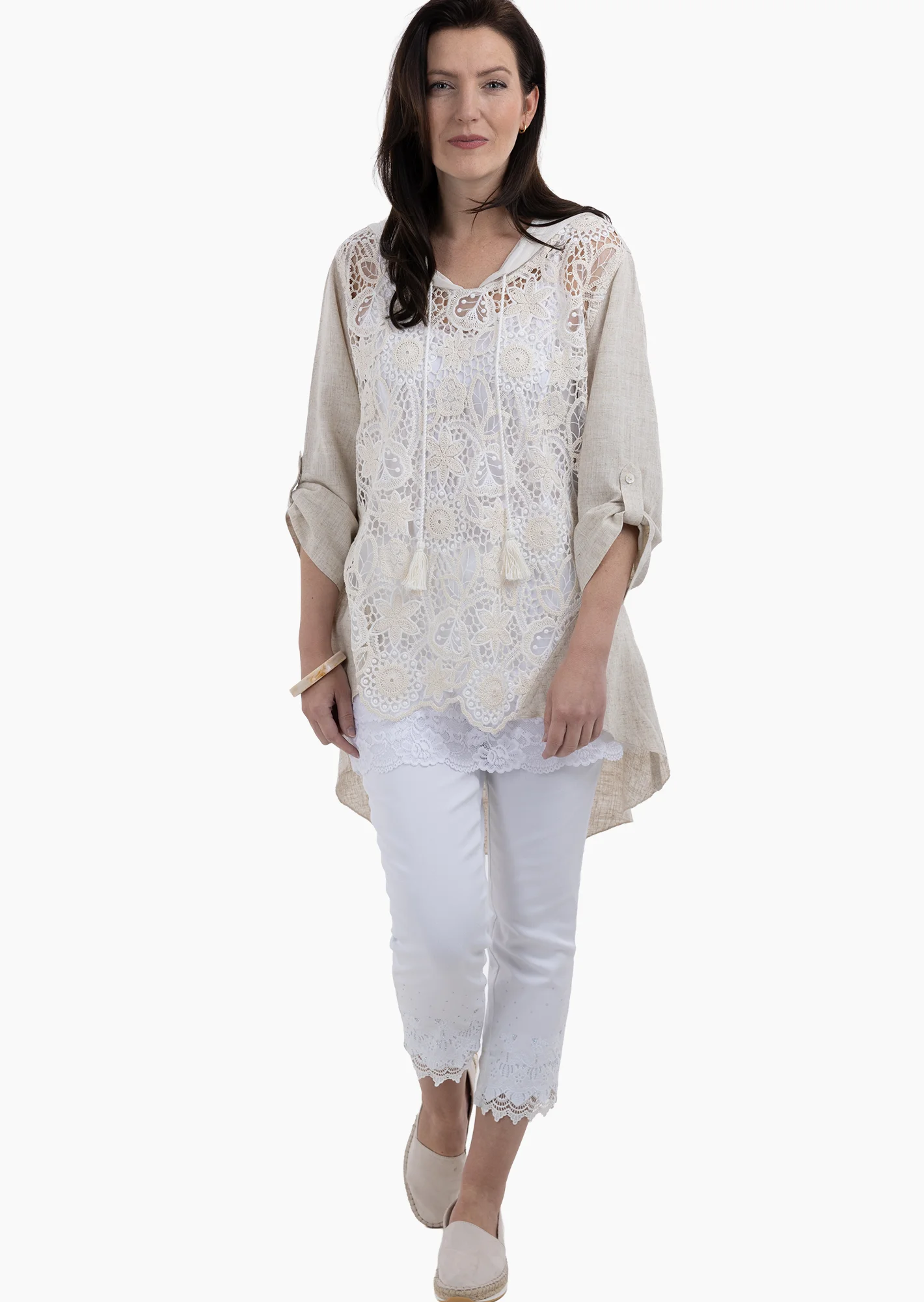 Bluse im Leinenmix mit Häkelspitze, sand-melange