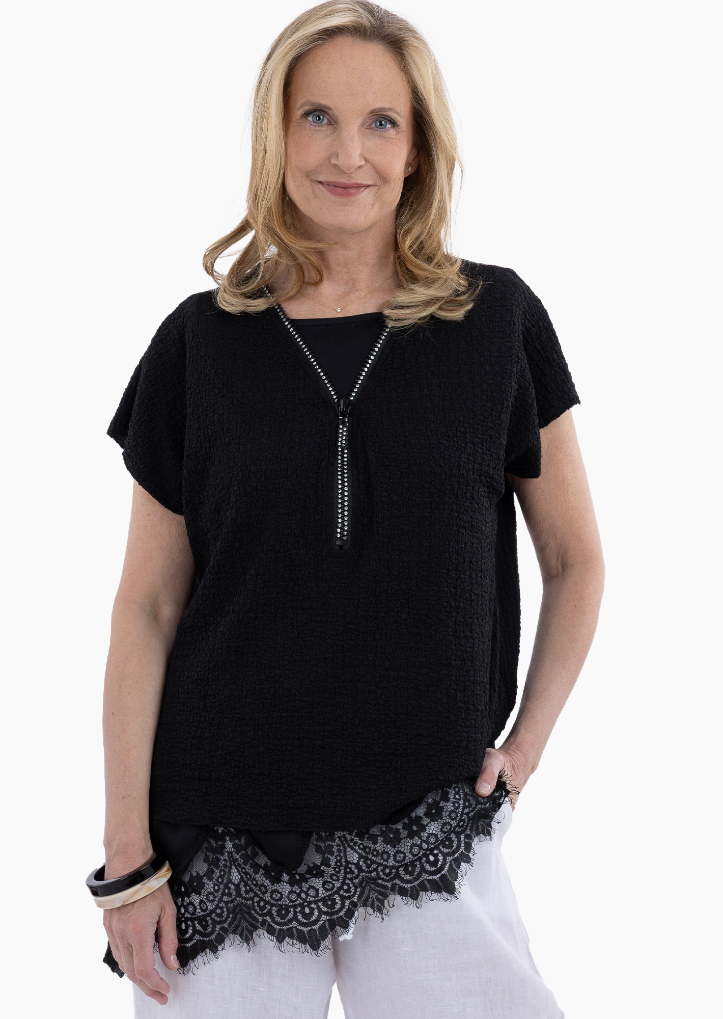 Strukturiertes Shirt mit Reißverschluss, schwarz