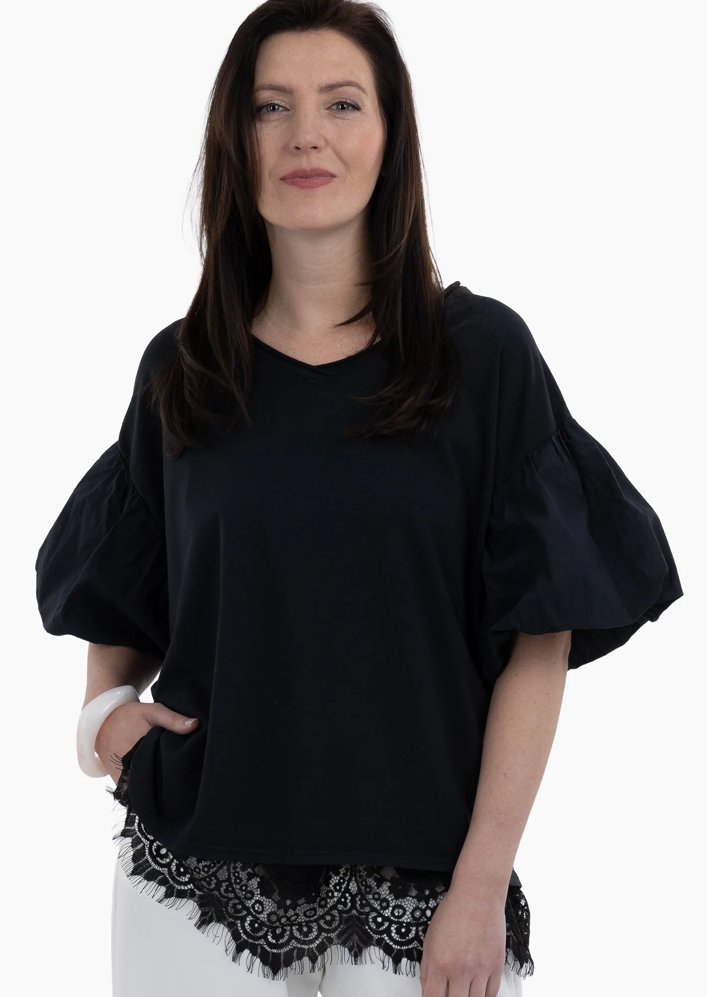 T-Shirt mit Ballonärmeln, schwarz