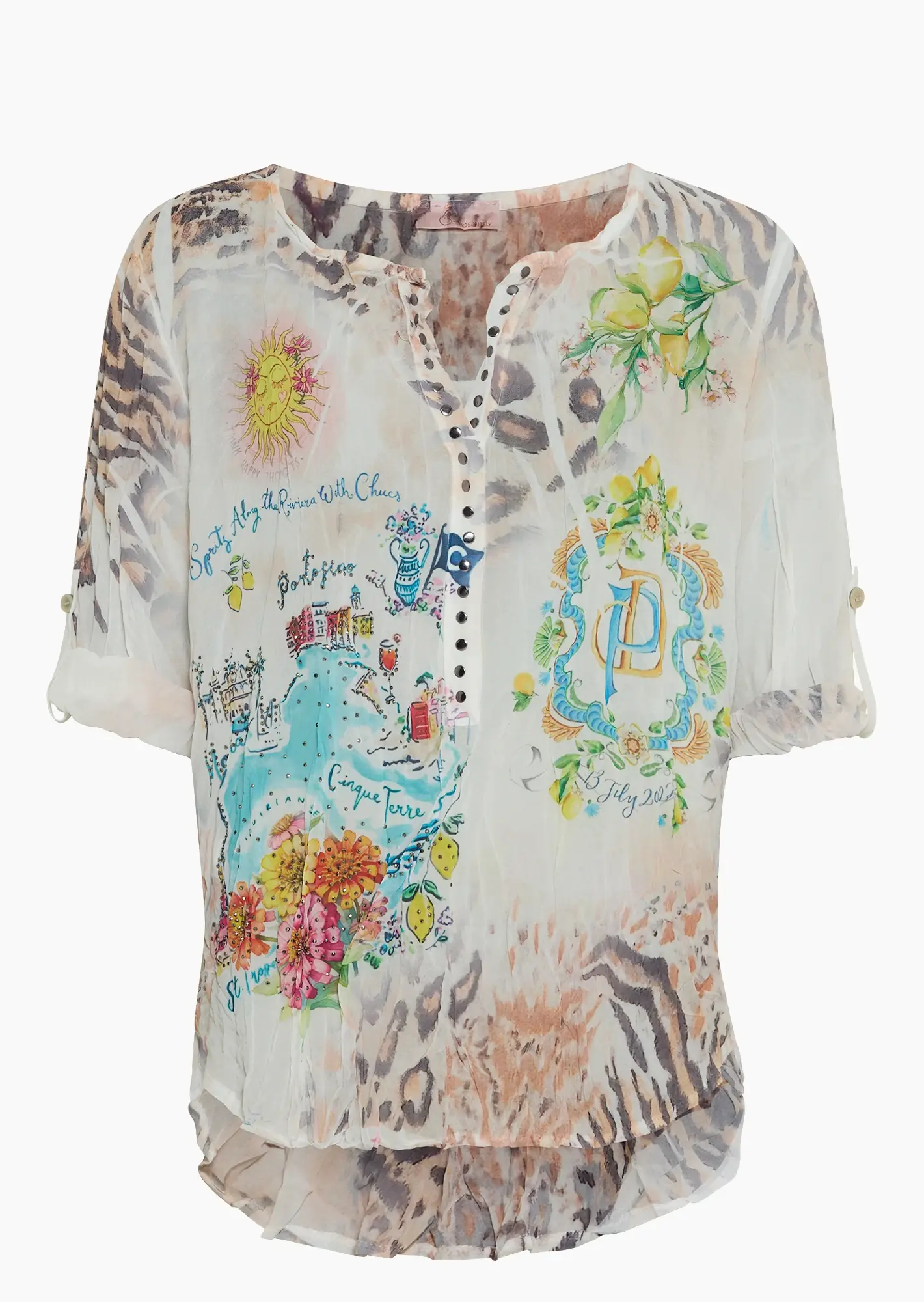 Bluse mit sommerlichem Print & Animaldetails, bunt