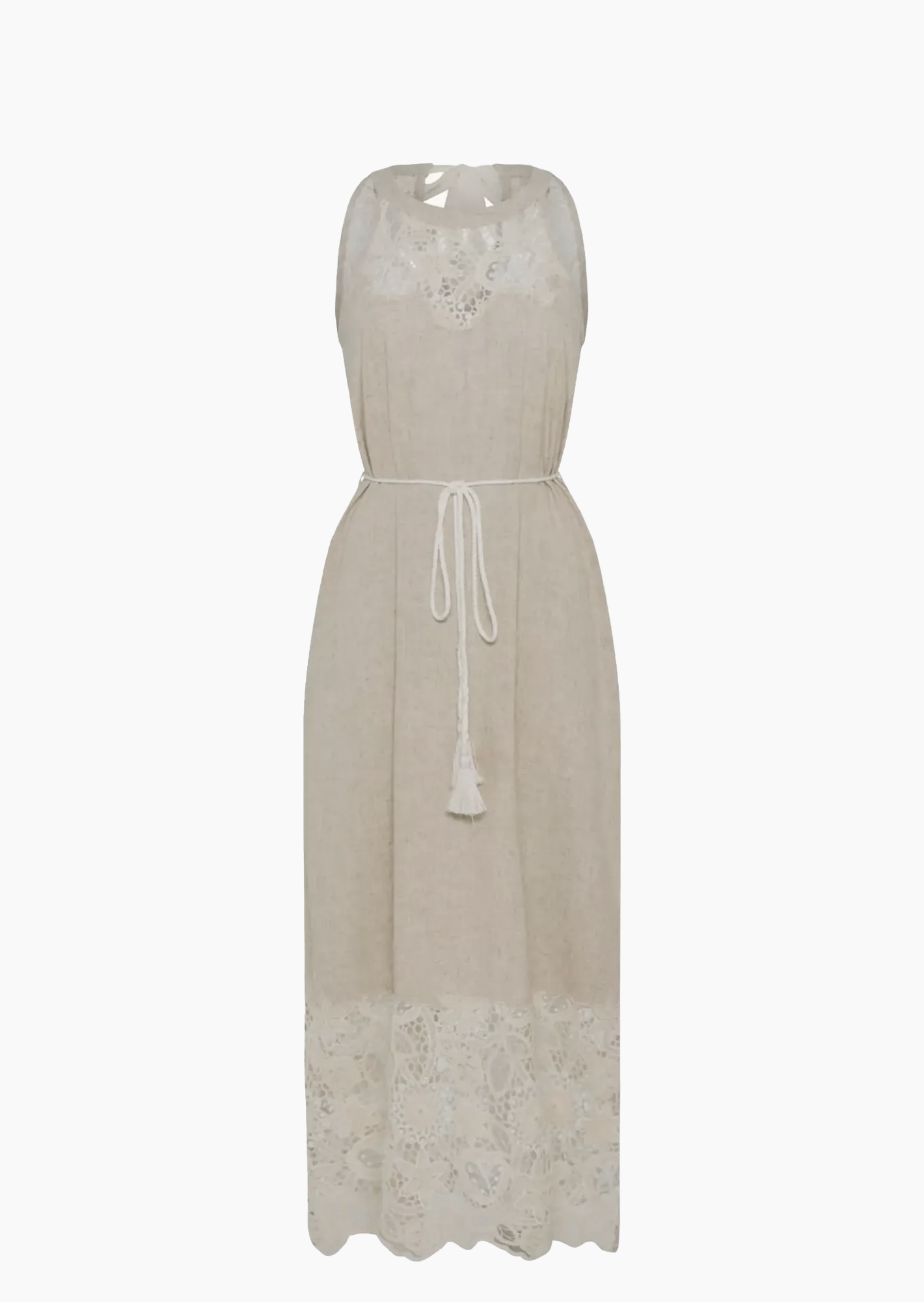 Leinenmixkleid mit Häkelspitze, sand-melange