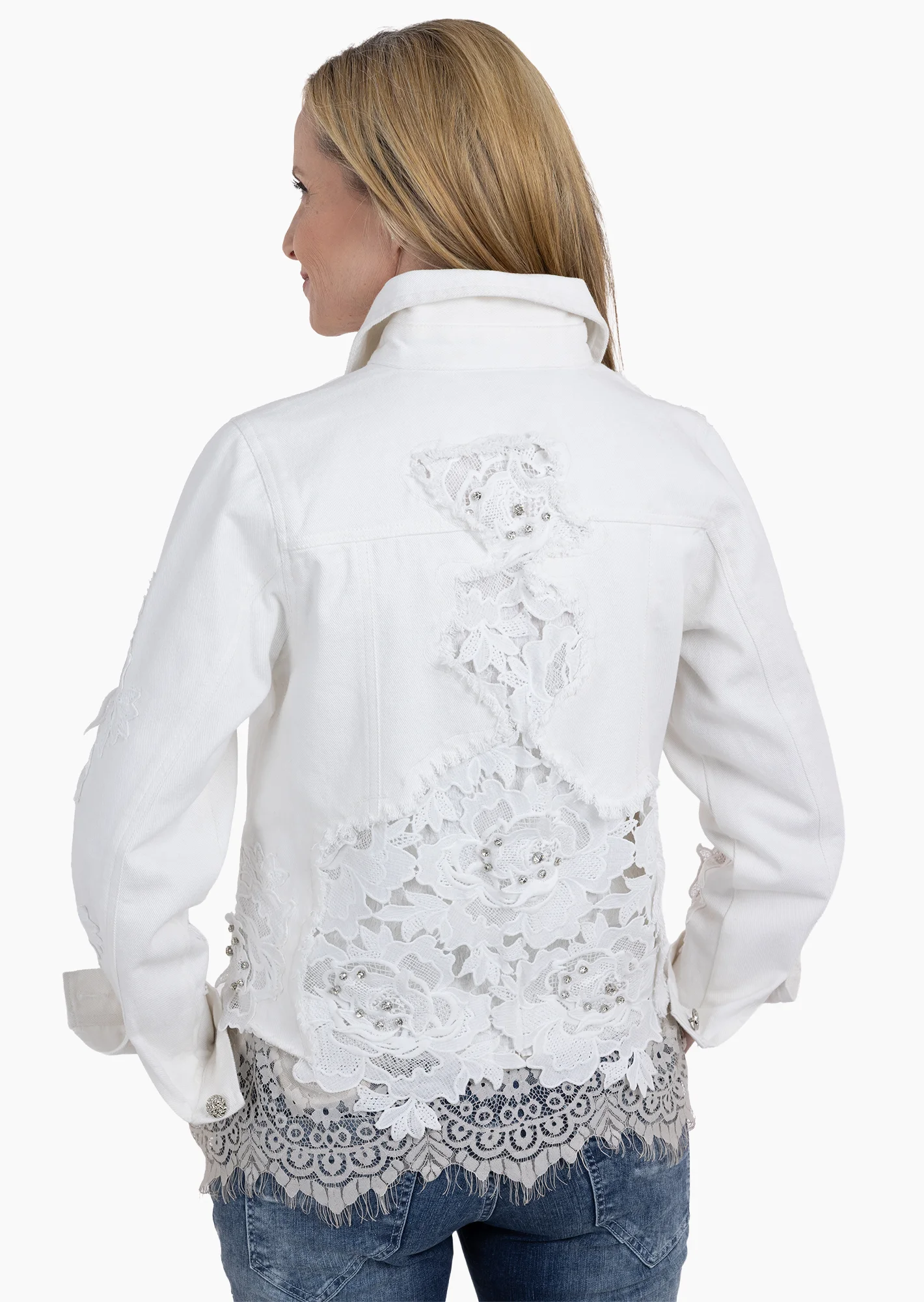 Jeansjacke mit Patches aus Stickerei & Ziersteinen, offwhite
