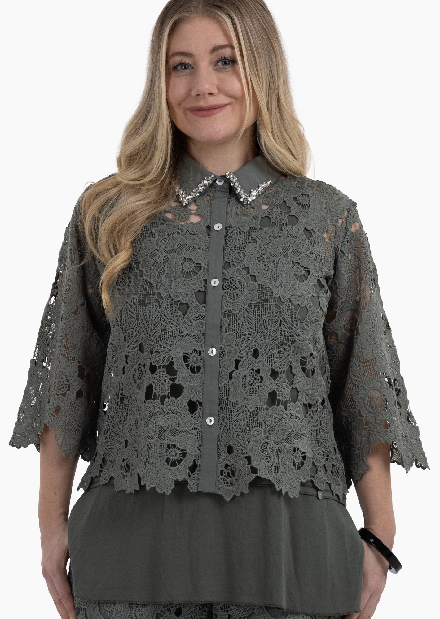 Bluse im Alloverspitzendesign, khaki