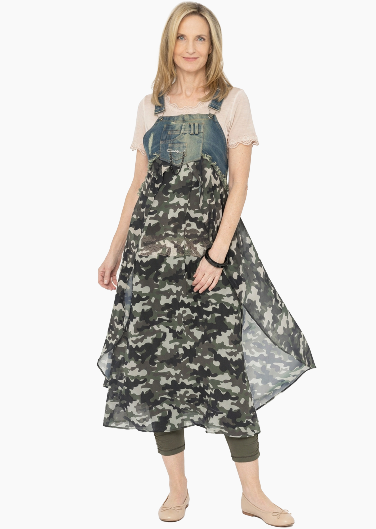 Latzkleid im Denim- & Camouflagestyle, oliv
