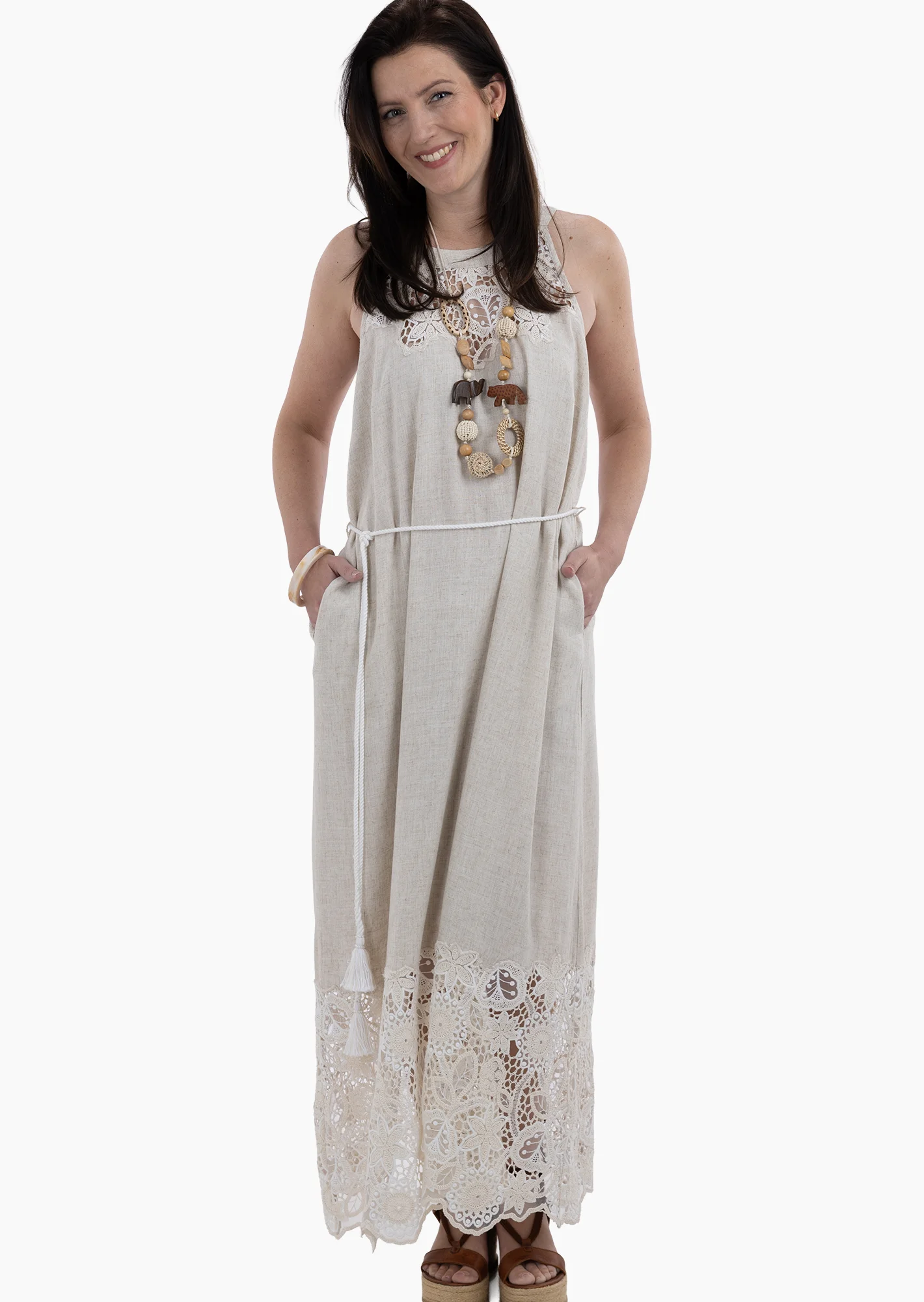Leinenmixkleid mit Häkelspitze, sand-melange