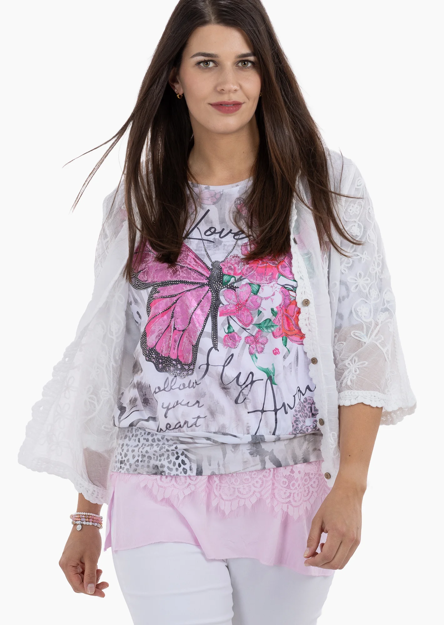 Kurzarmshirt mit breitem Saum und Schmetterlingsmotiv, bunt