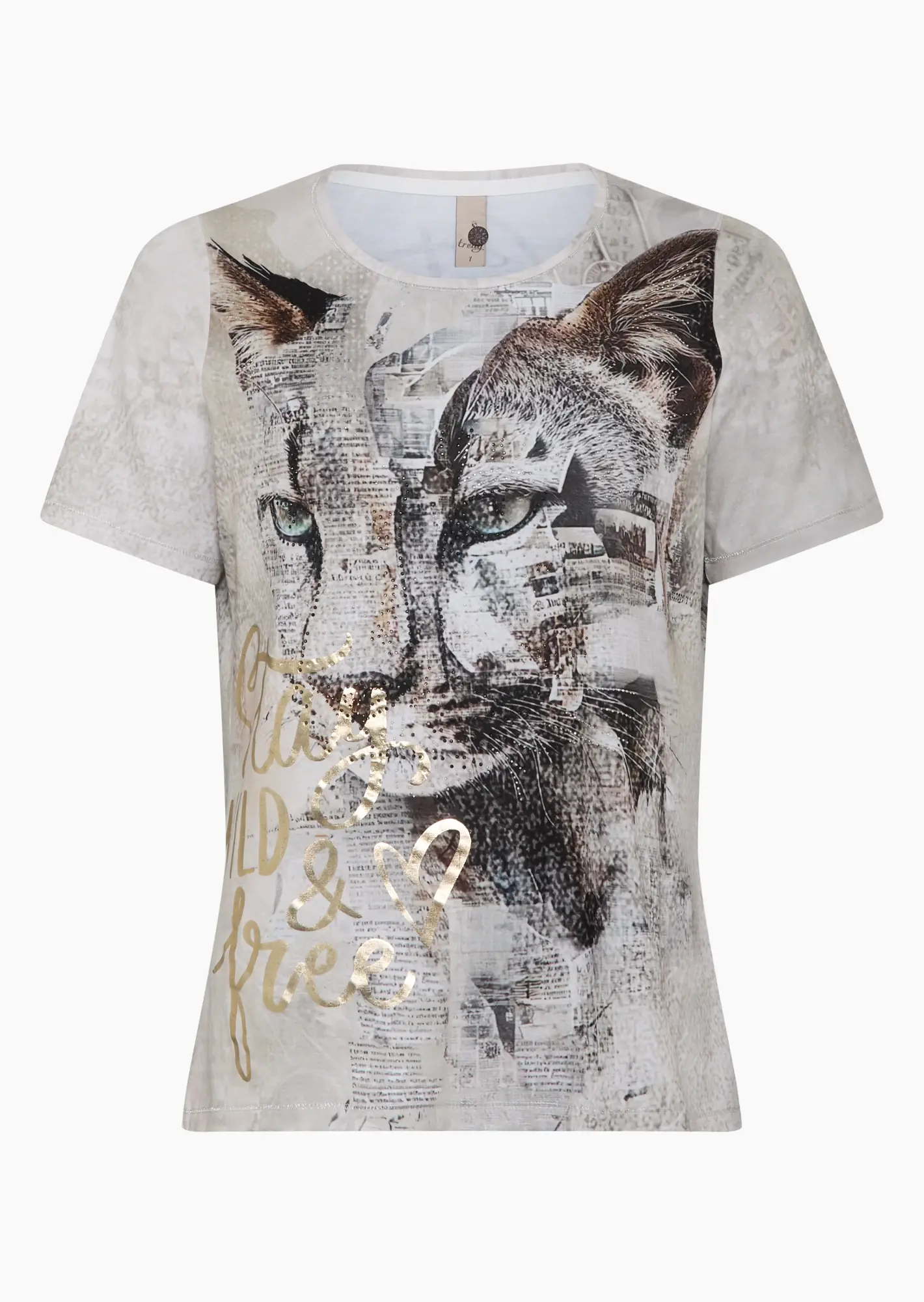 Shirt mit Print & Ziersteinen, crema