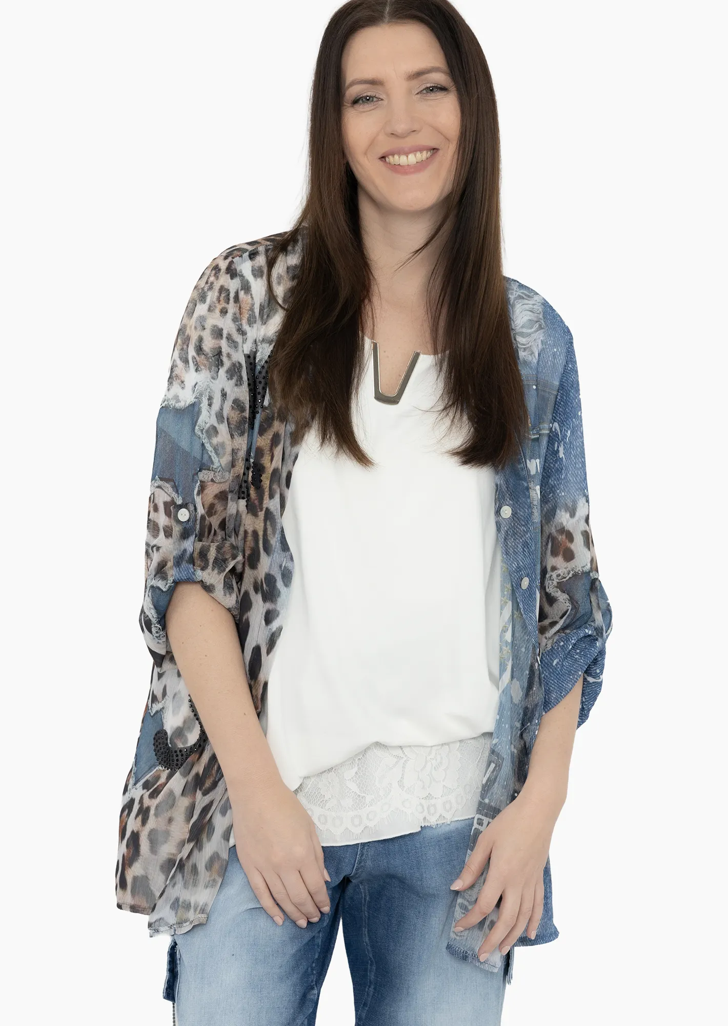 transparente Bluse in Leo-Optik & Denim-Style, blau