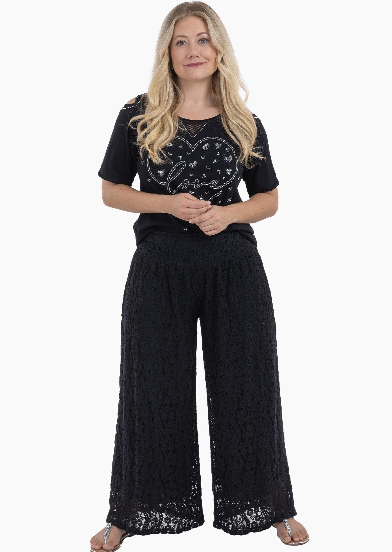 Wide Leg Hose mit Spitze, schwarz