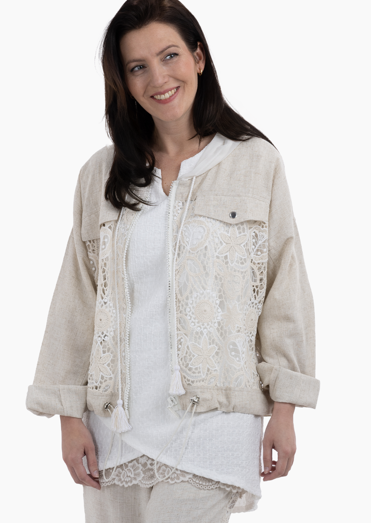 Jacke im Leinenmix mit Häkelspitze, sand-melange