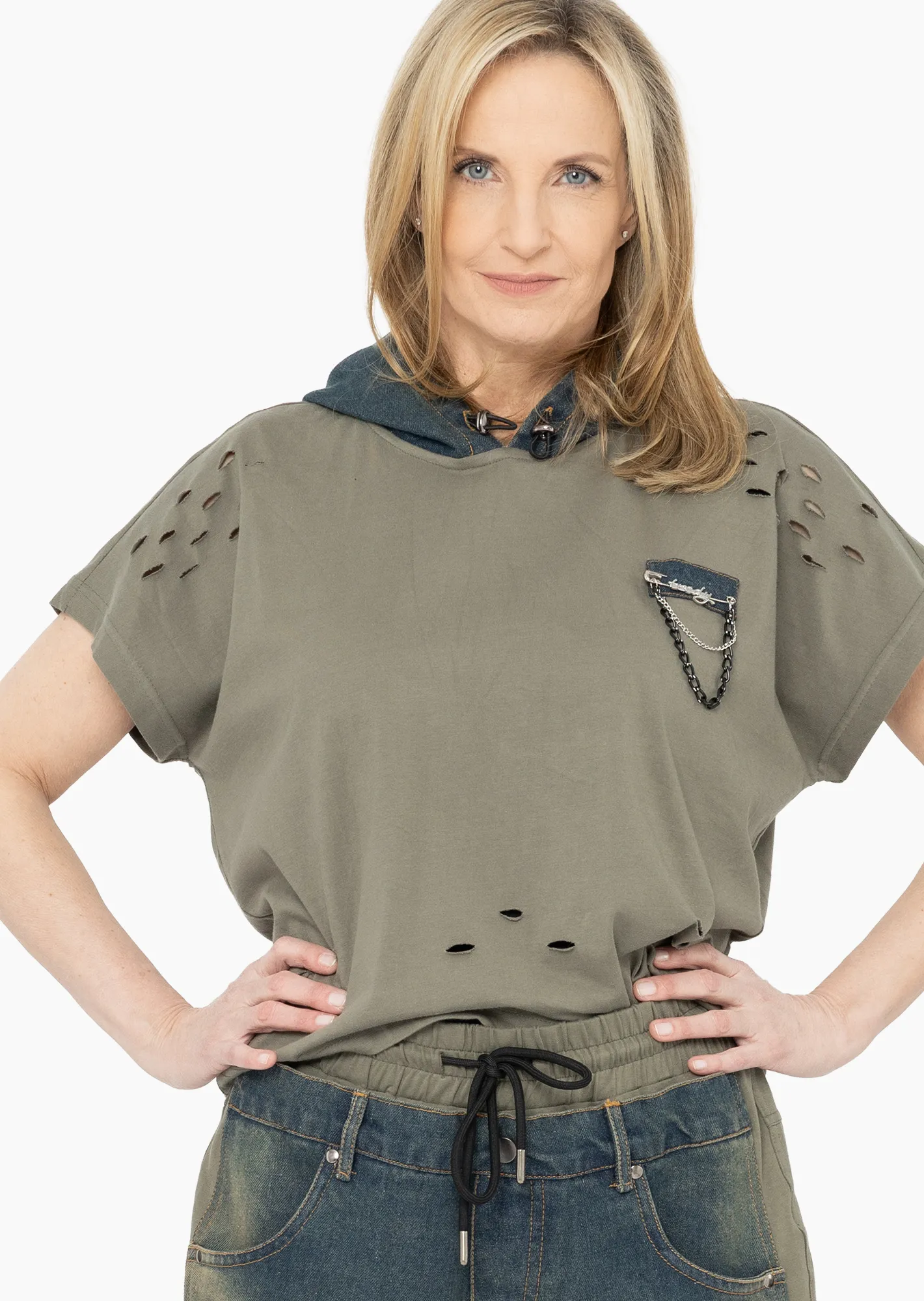Shirt mit Denim & Loch-Optik, oliv