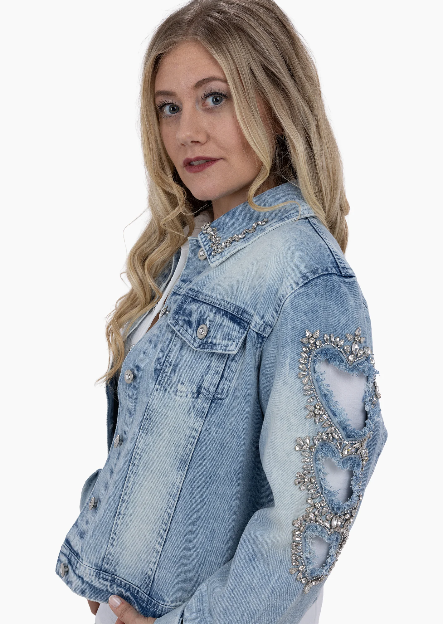 Jeansjacke mit Schmucksteinen, light blue denim