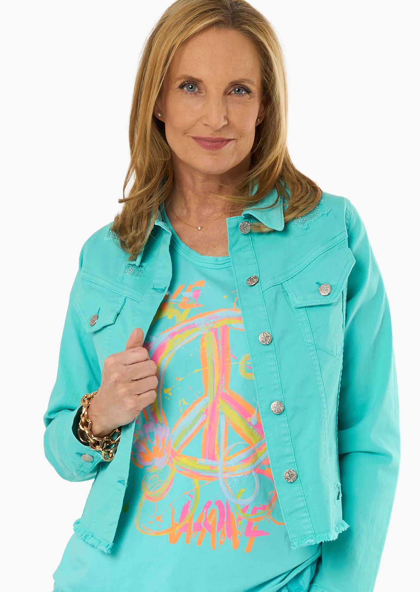 Jeansjacke mit destroyed Details, türkis