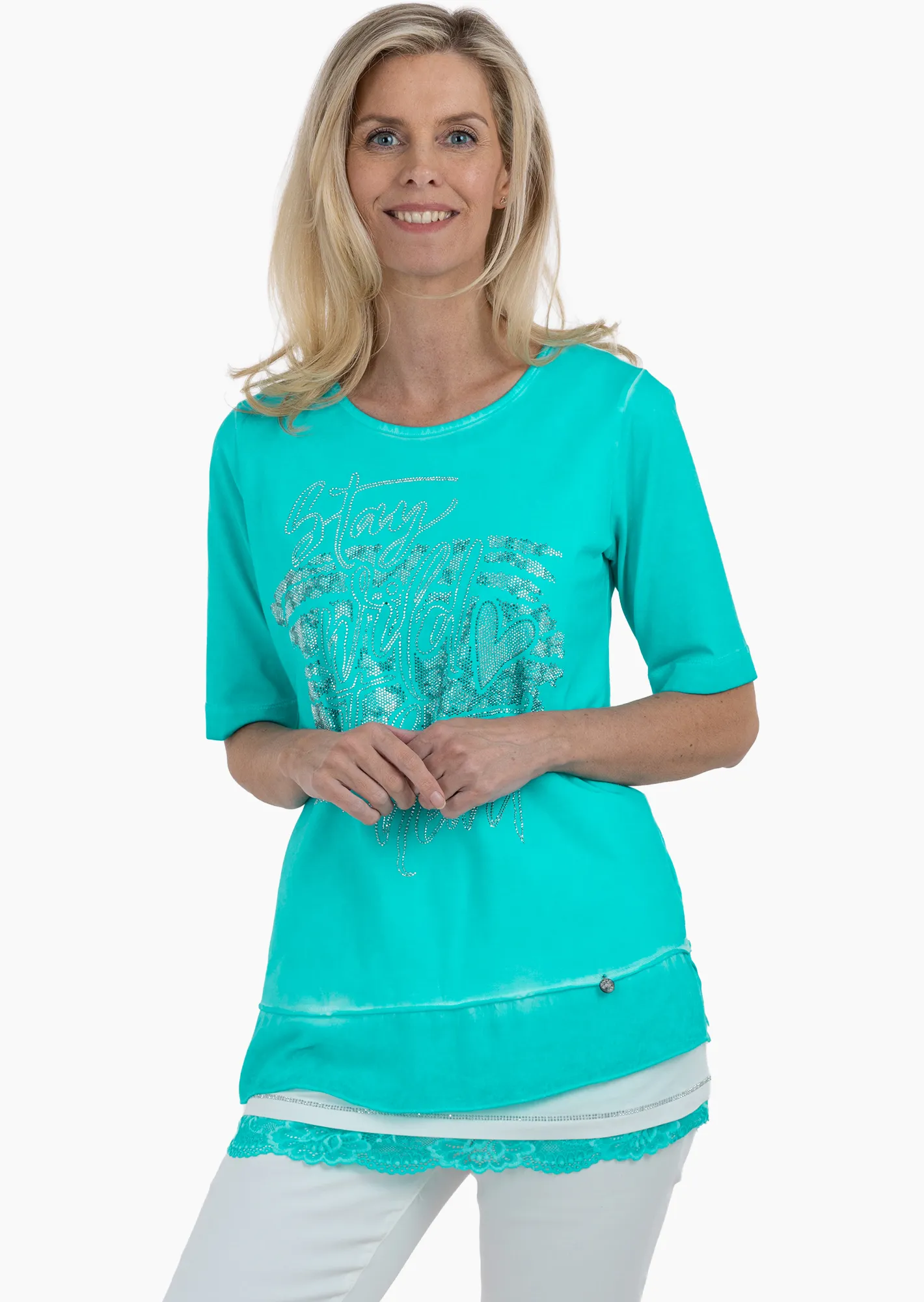 Shirt mit Ziersteinen im Lagenlook, türkis