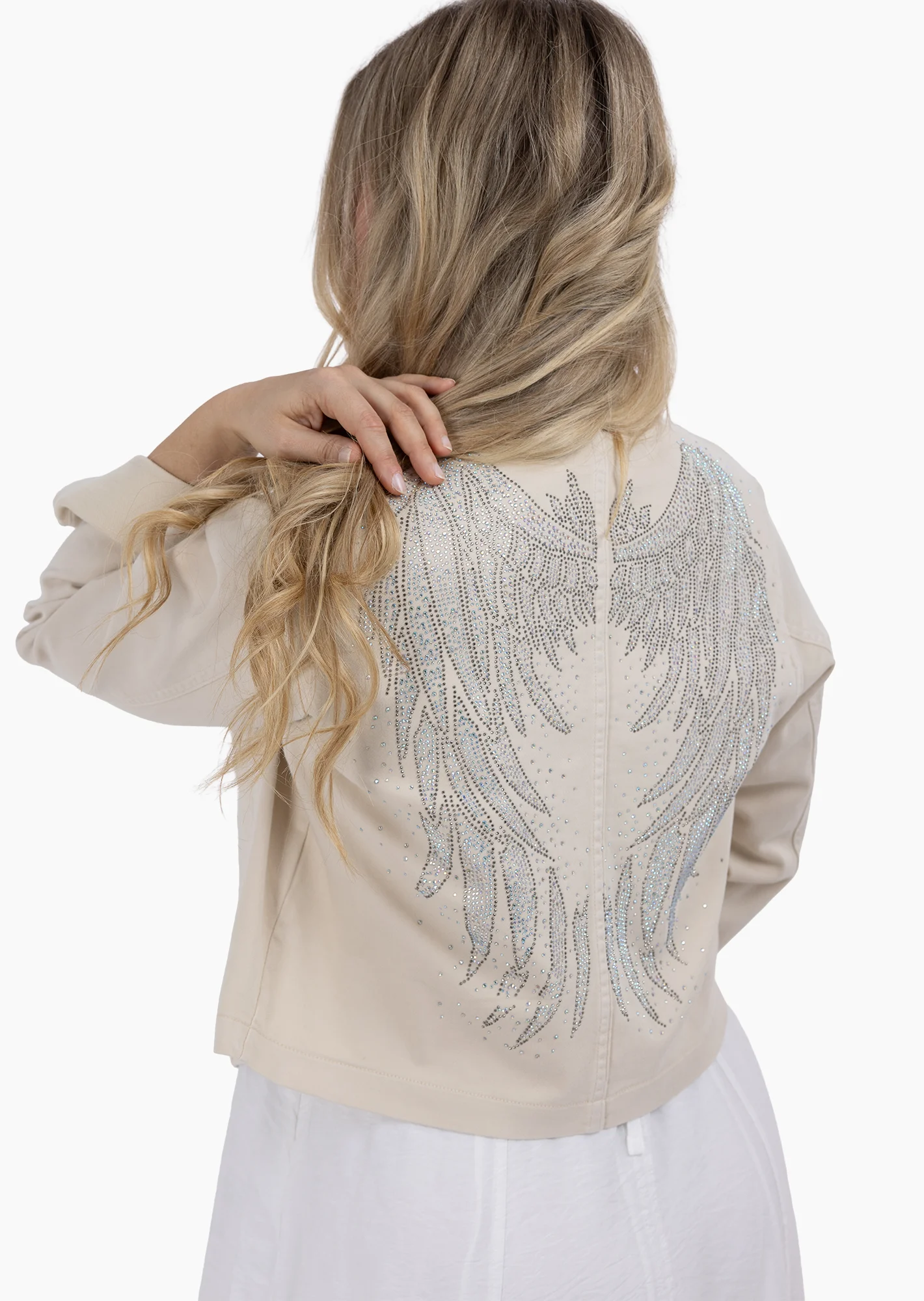 Jeansjacke mit Glitzerverzierung, crema