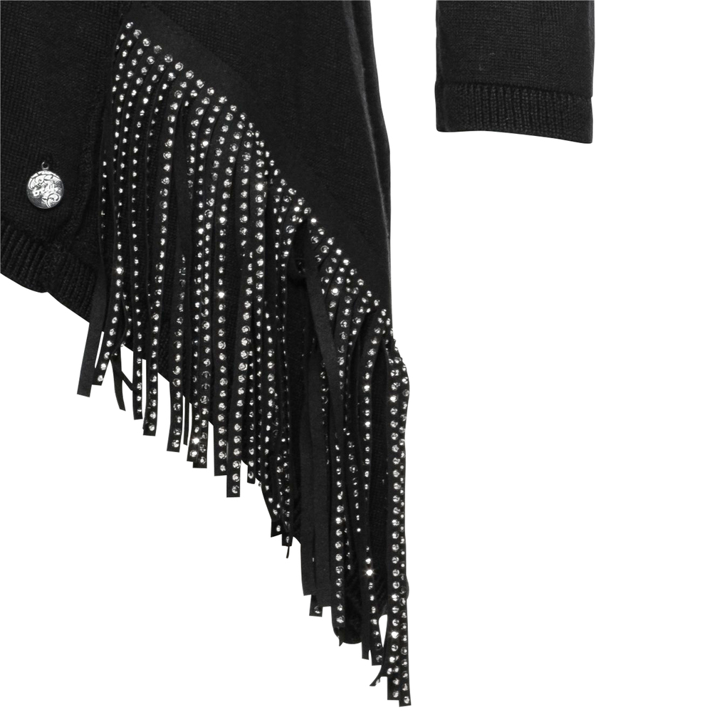Vokuhila-Strickpullover mit Fransen, schwarz