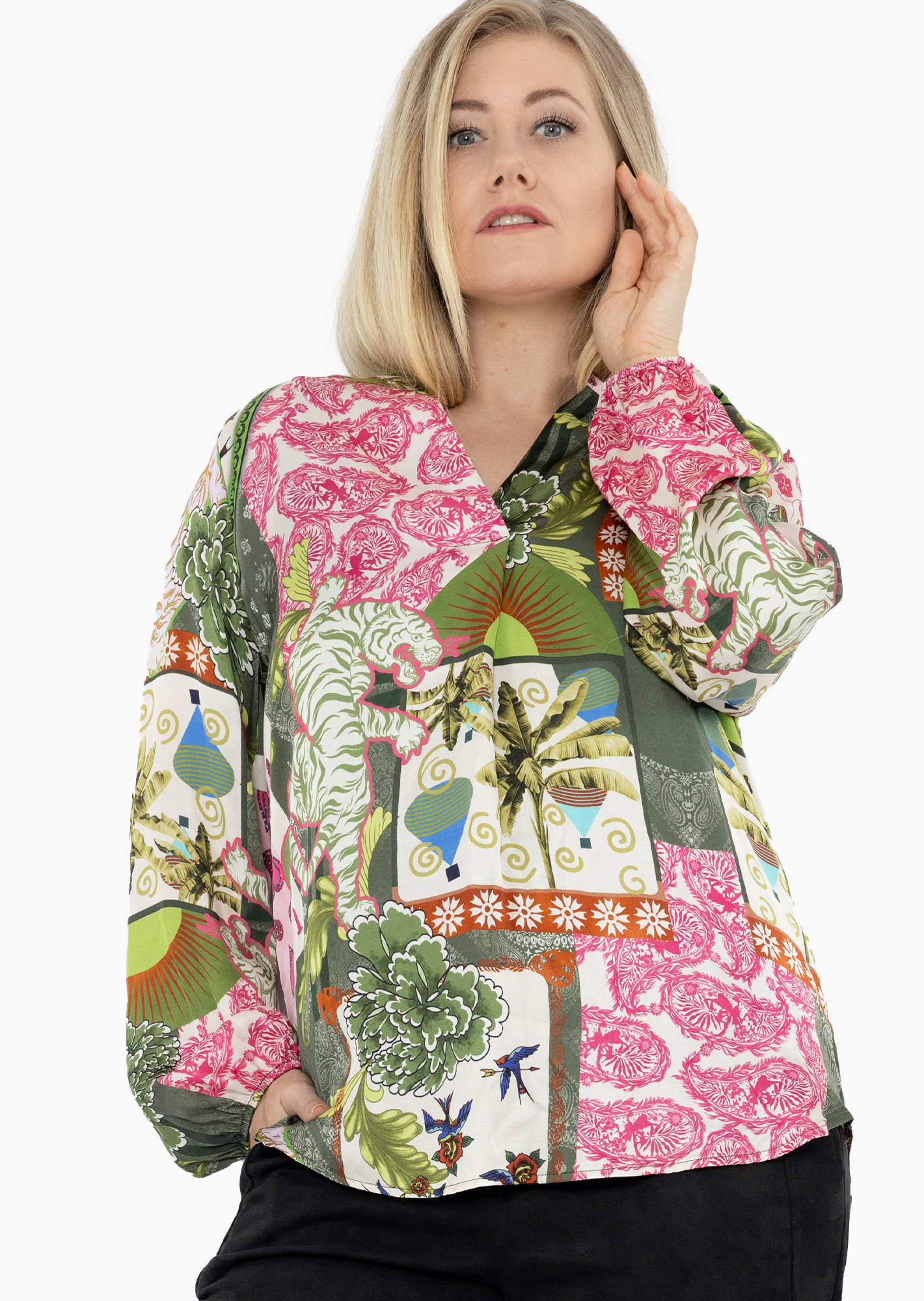 Bluse aus Viskose-Satin, bunt