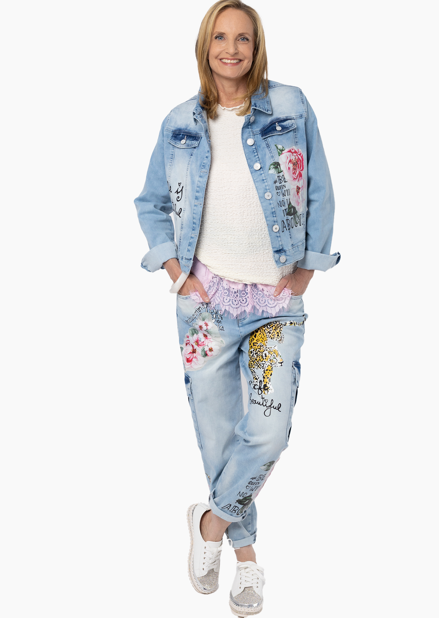 Jeans im Cargostyle mit Leopardenprint, light blue denim