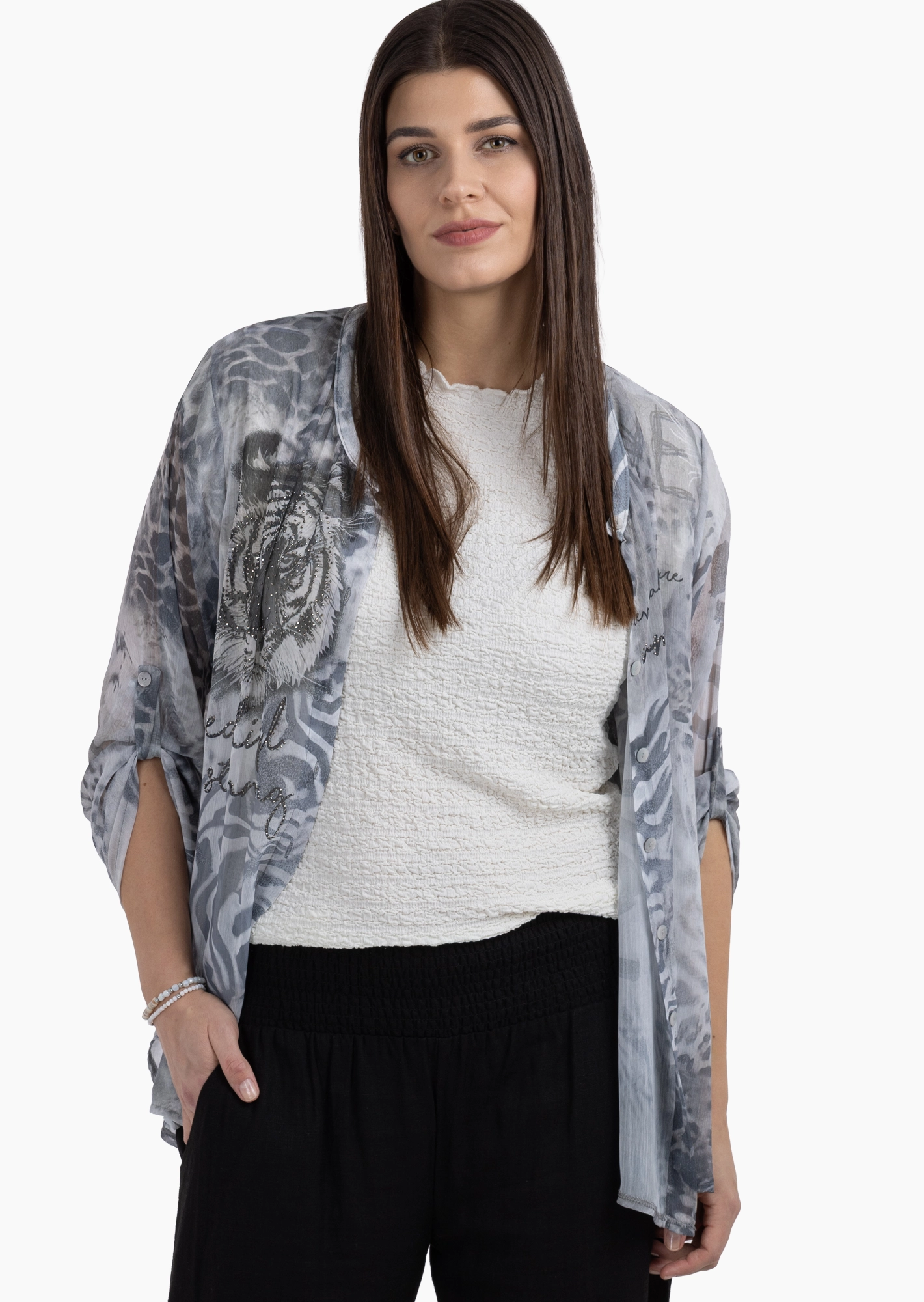 transparente Bluse im Animalprint, crema-schwarz
