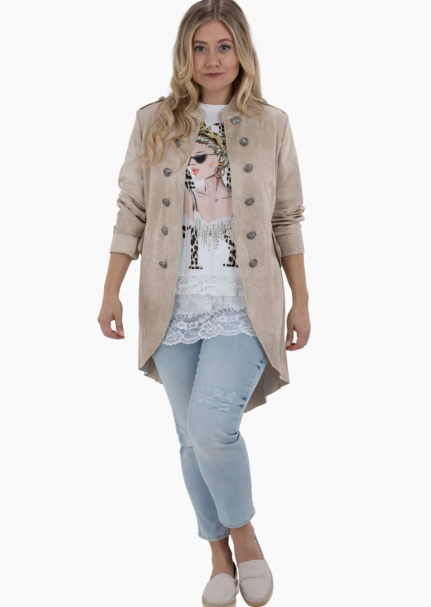 Military-Blazer in Leder-Optik, crema