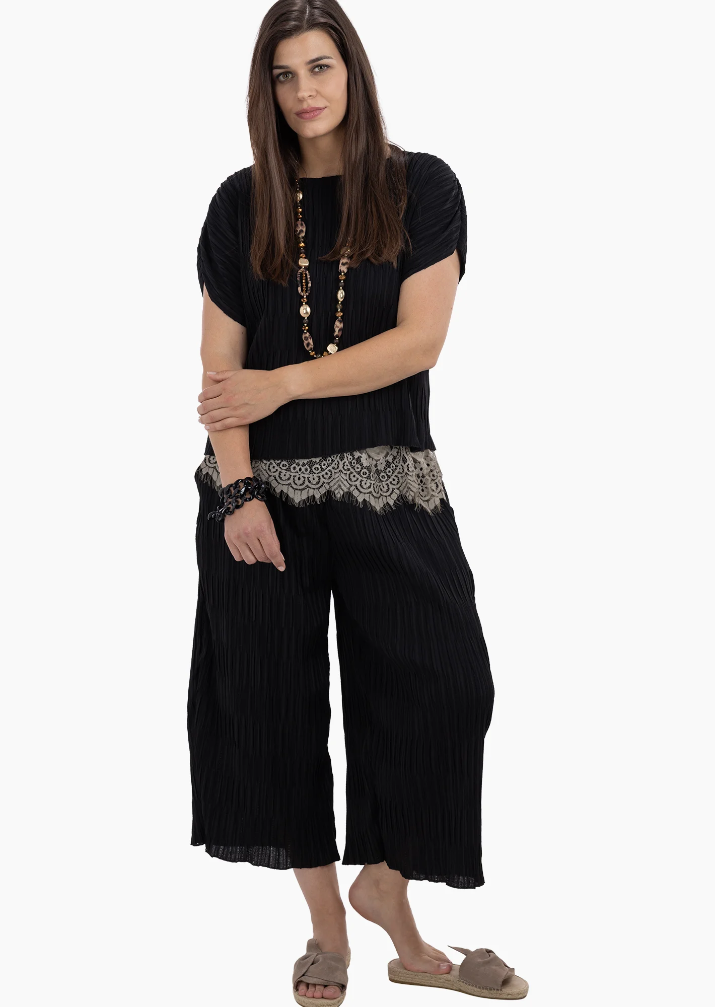 Leichte Wide Leg Hose mit Struktur, schwarz
