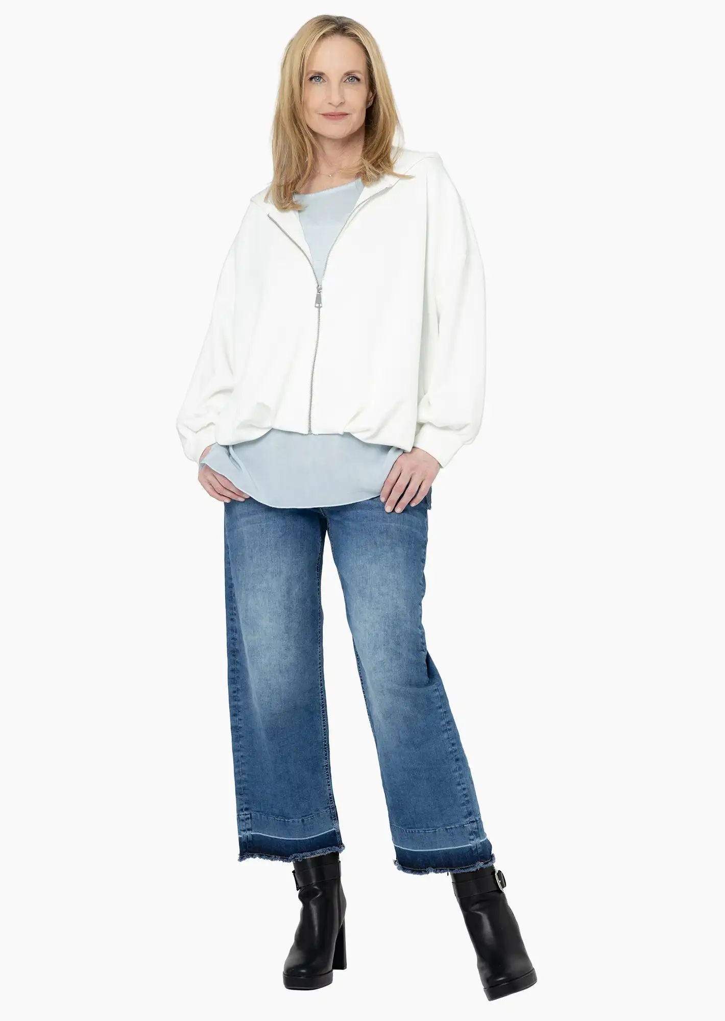Wide Leg Jeans mit fransigem Saum, blue denim