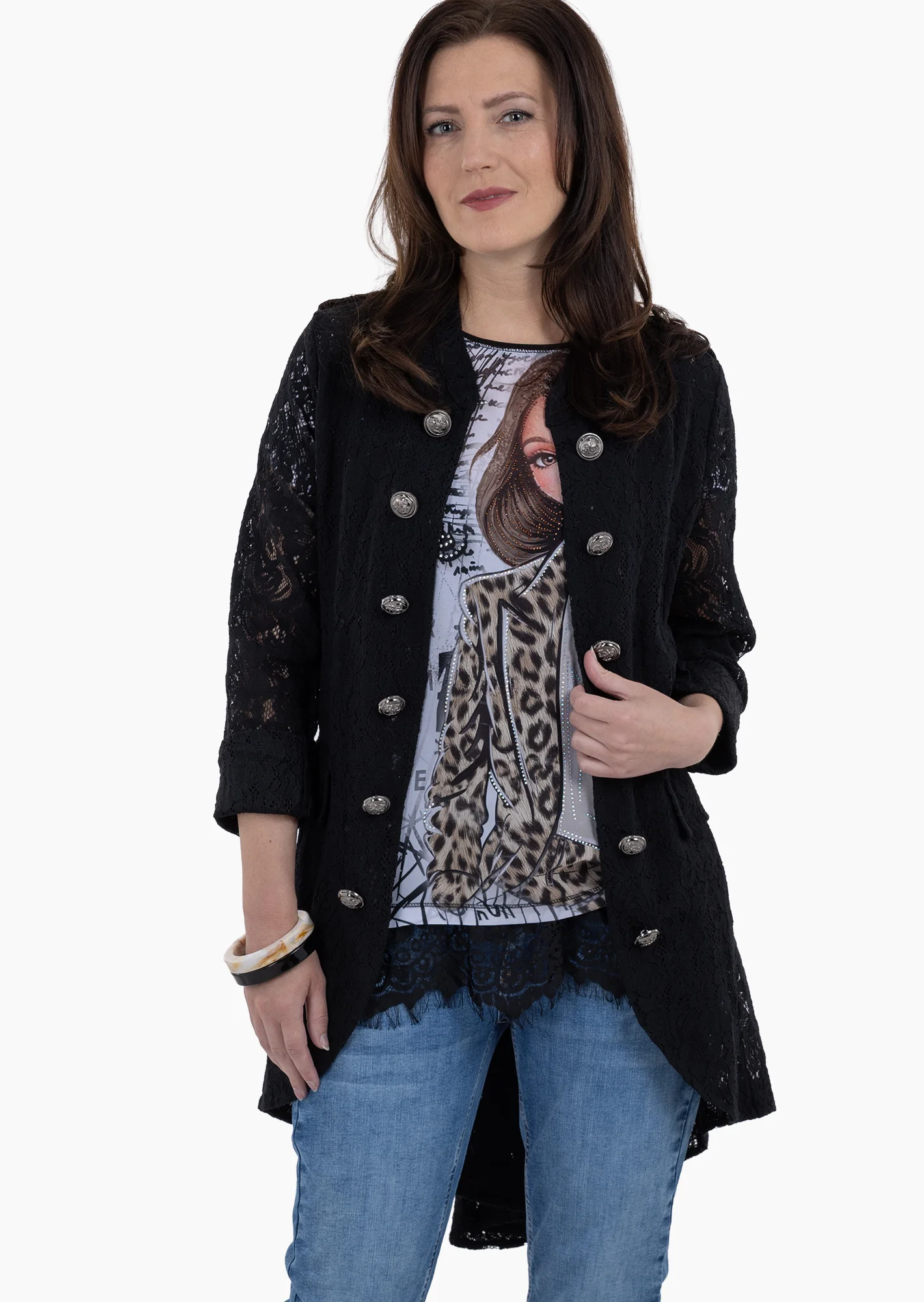 Blazer aus Spitze im Military-Style, schwarz