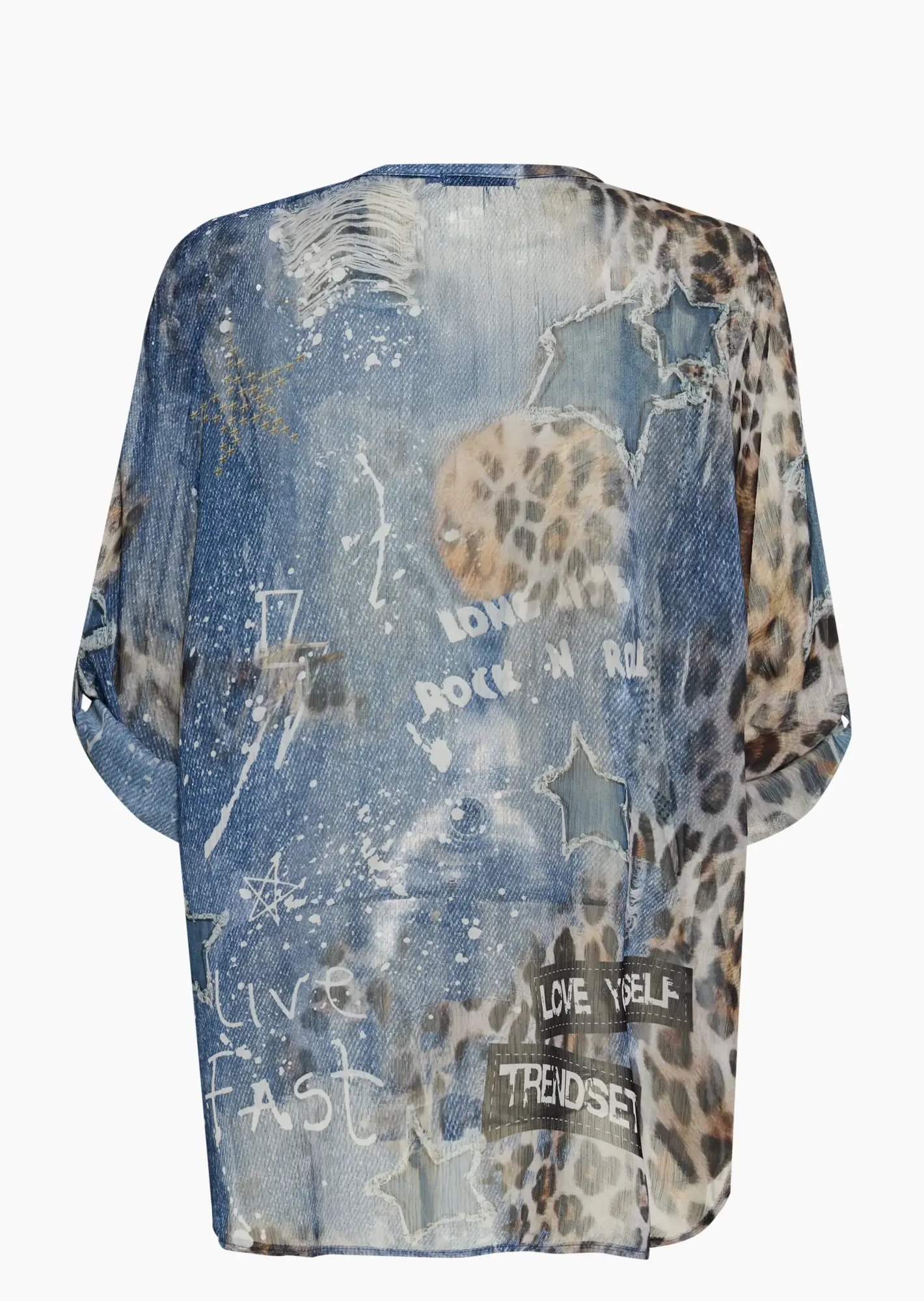 transparente Bluse in Leo-Optik & Denim-Style, blau