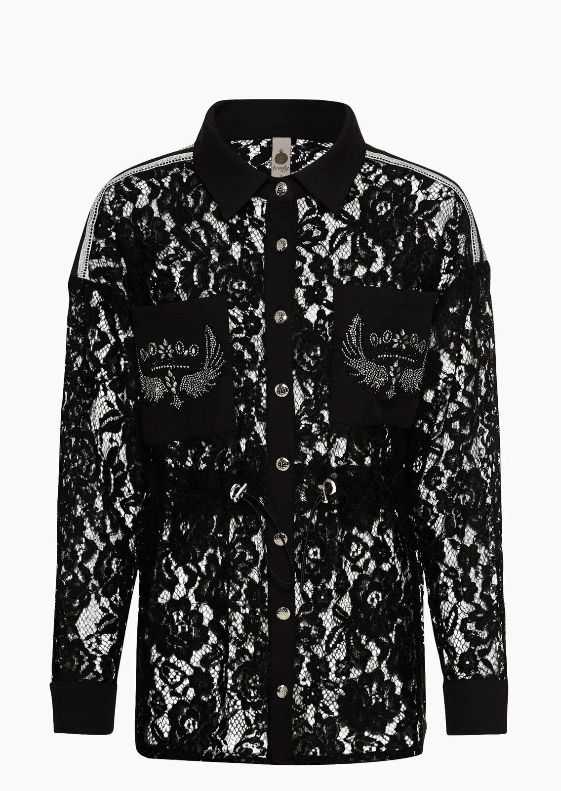 Blusenjacke mit Spitze & Ziersteinen, schwarz