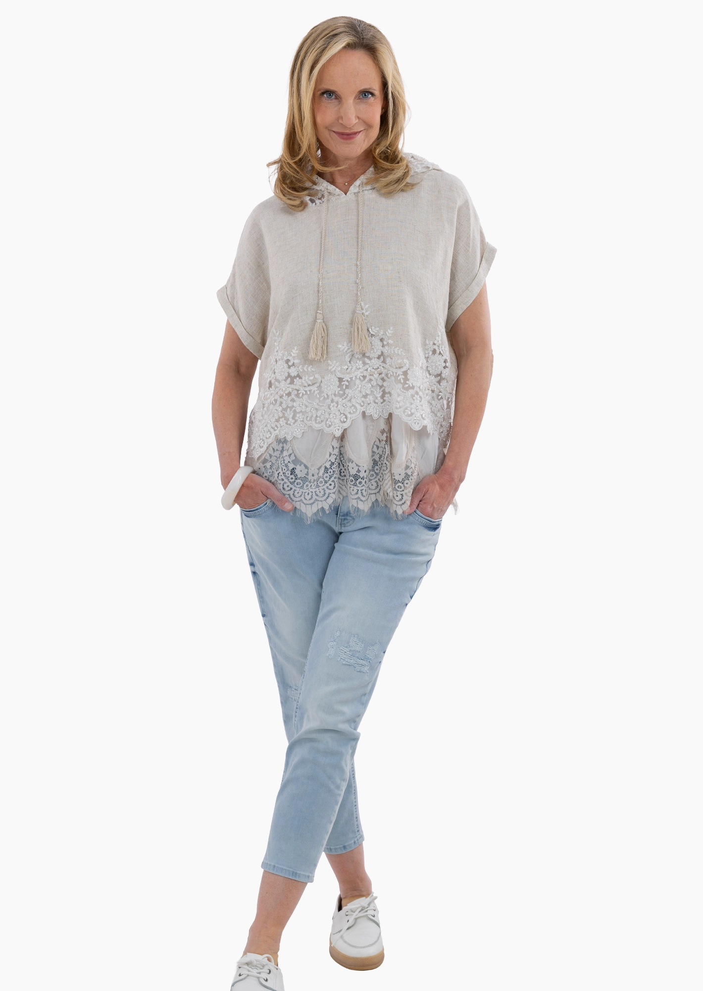 Leinenmixbluse mit Zierperlen und Spitze, sand-melange