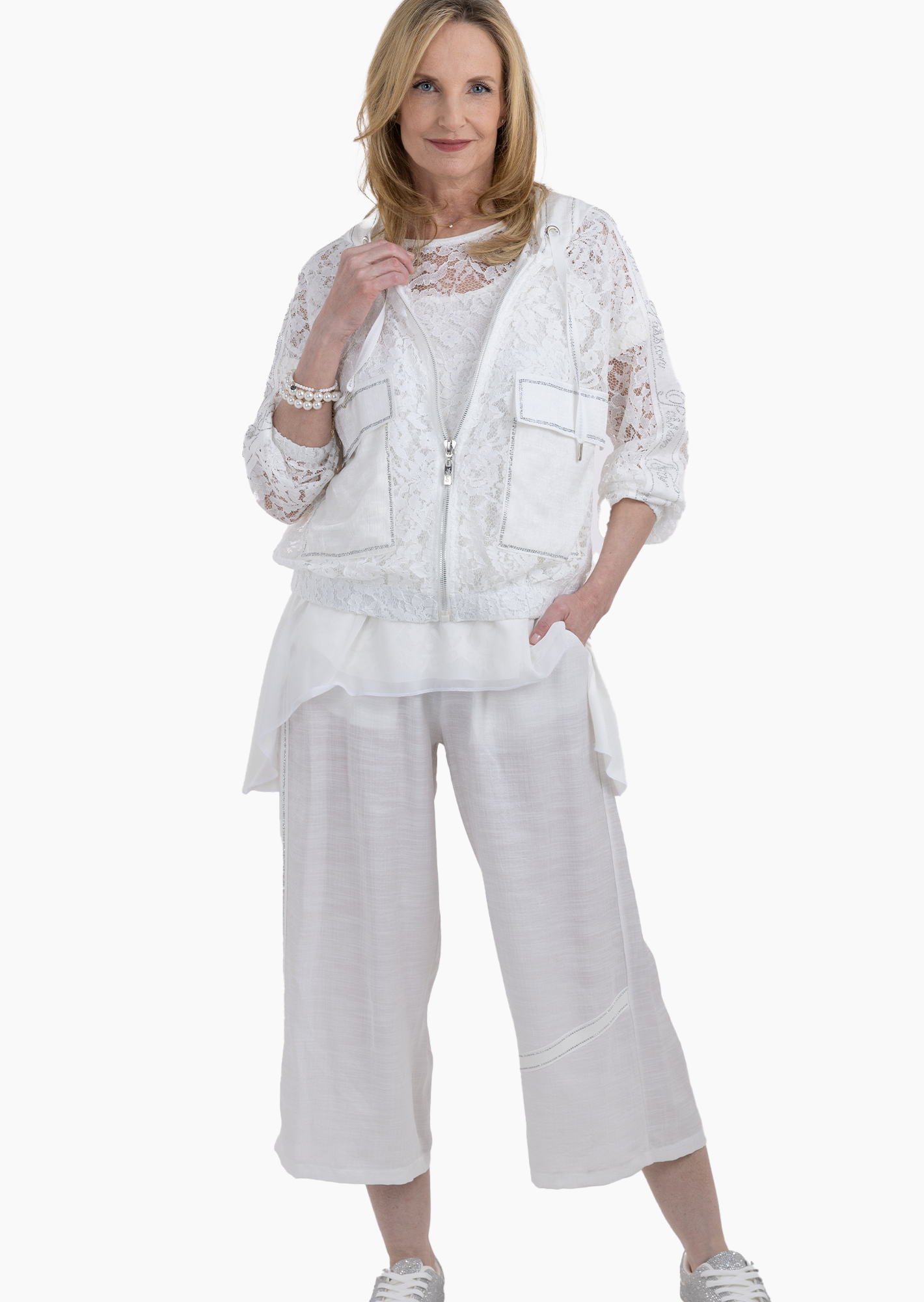 schimmernde Wide Leg Hose, offwhite