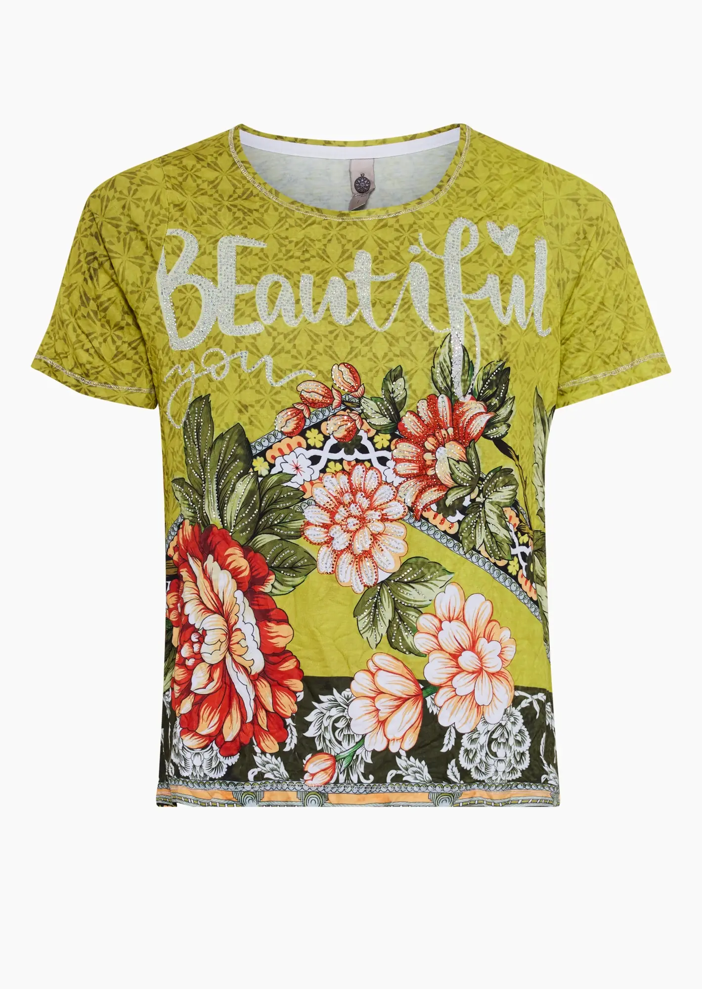 Shirt mit floralen Motiven und Ziersteinen, pistazie