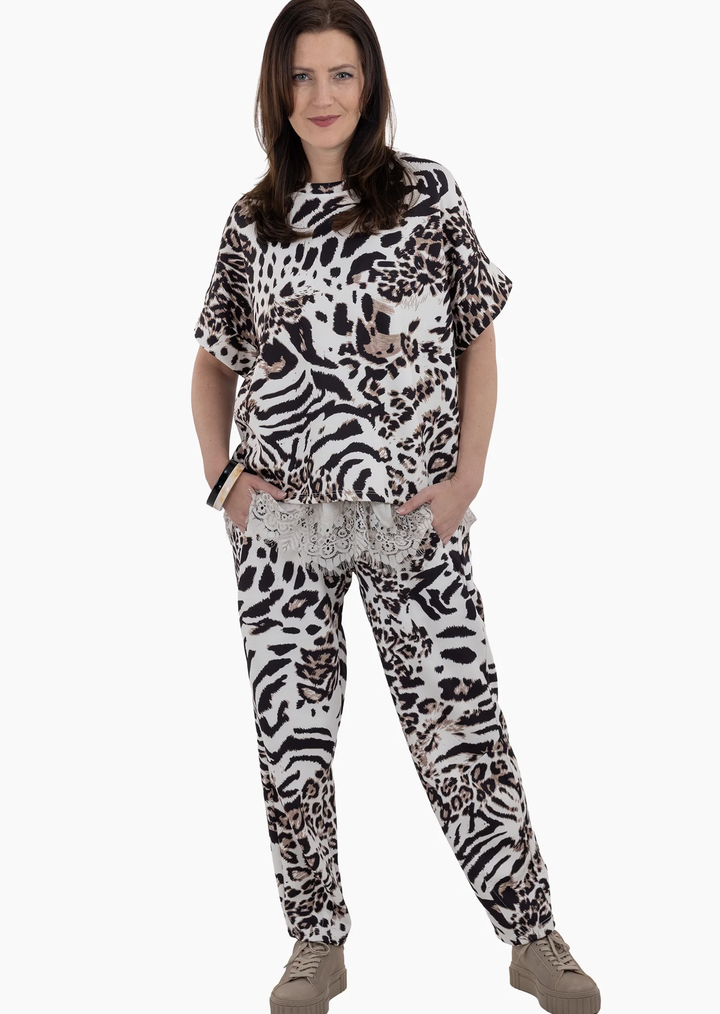 Stylische Pants im Leoprint, crema-schwarz