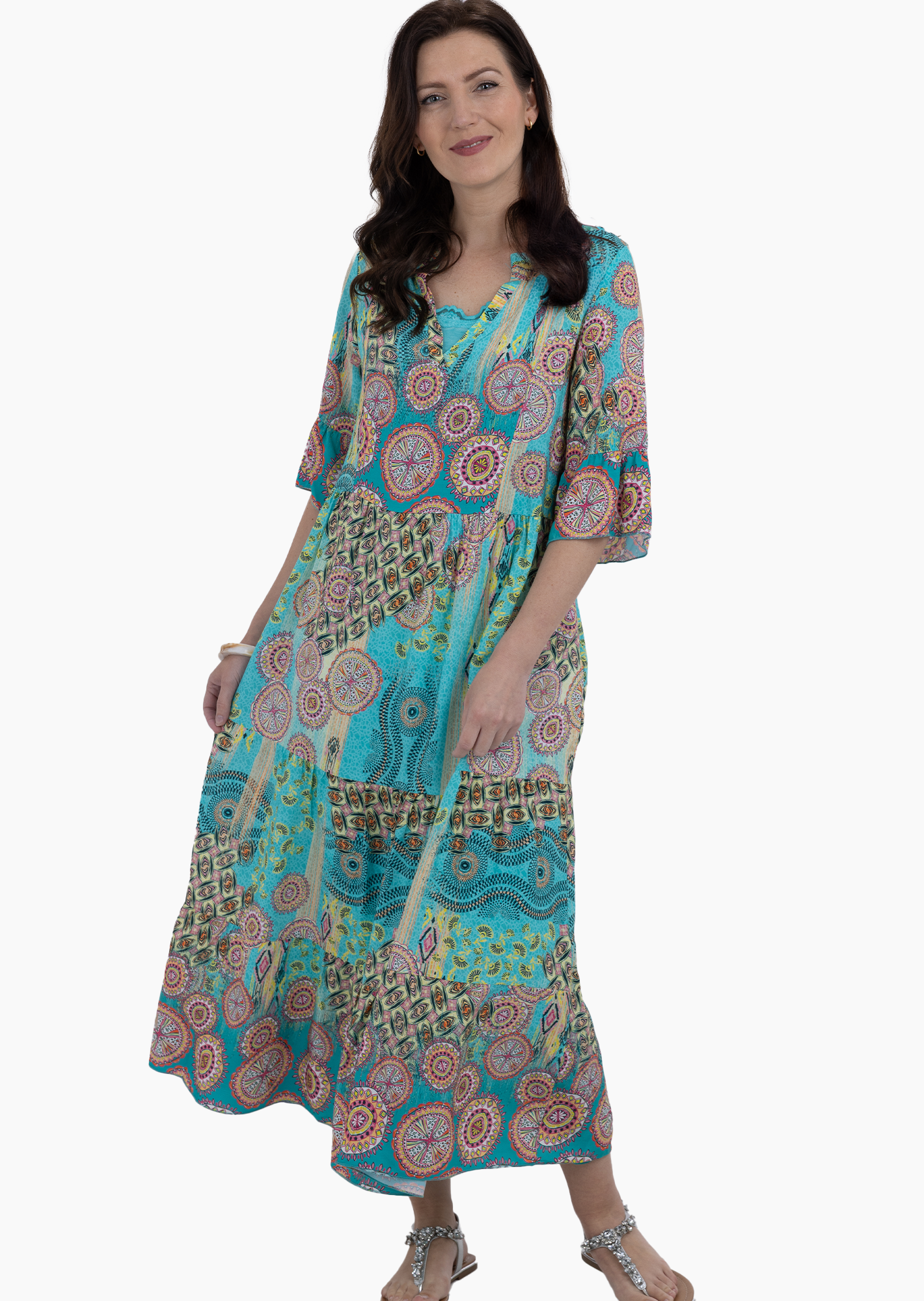 Maxi-Kleid im Alloverprint, türkis