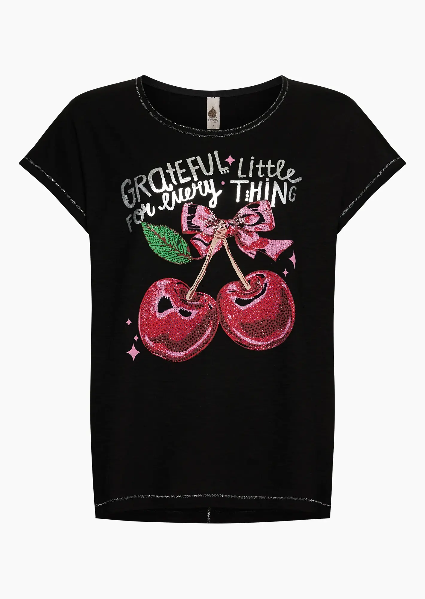 Shirt mit dekorativem Print & Ziersteinen, schwarz