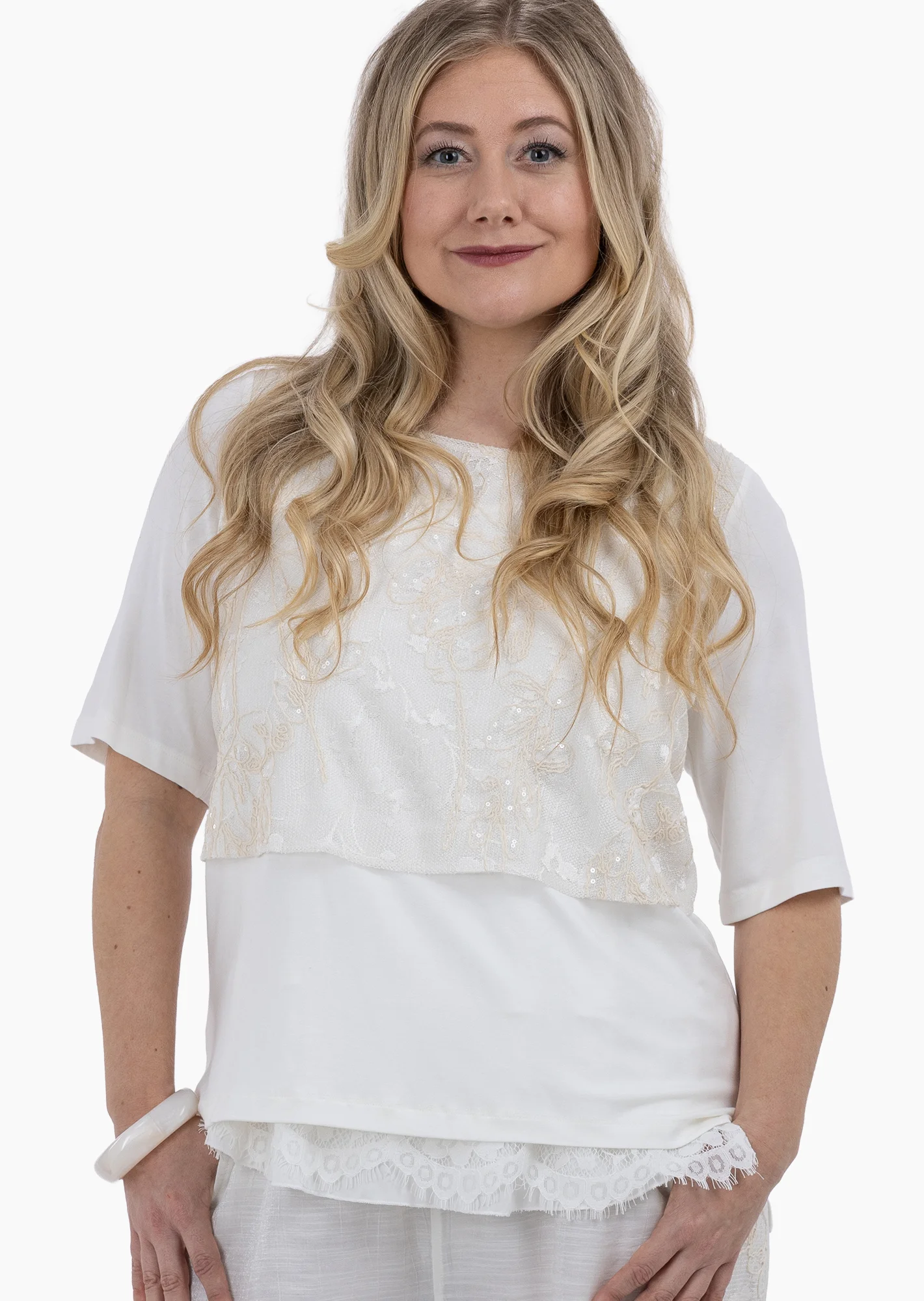 Shirt mit dekorativer Spitze, offwhite