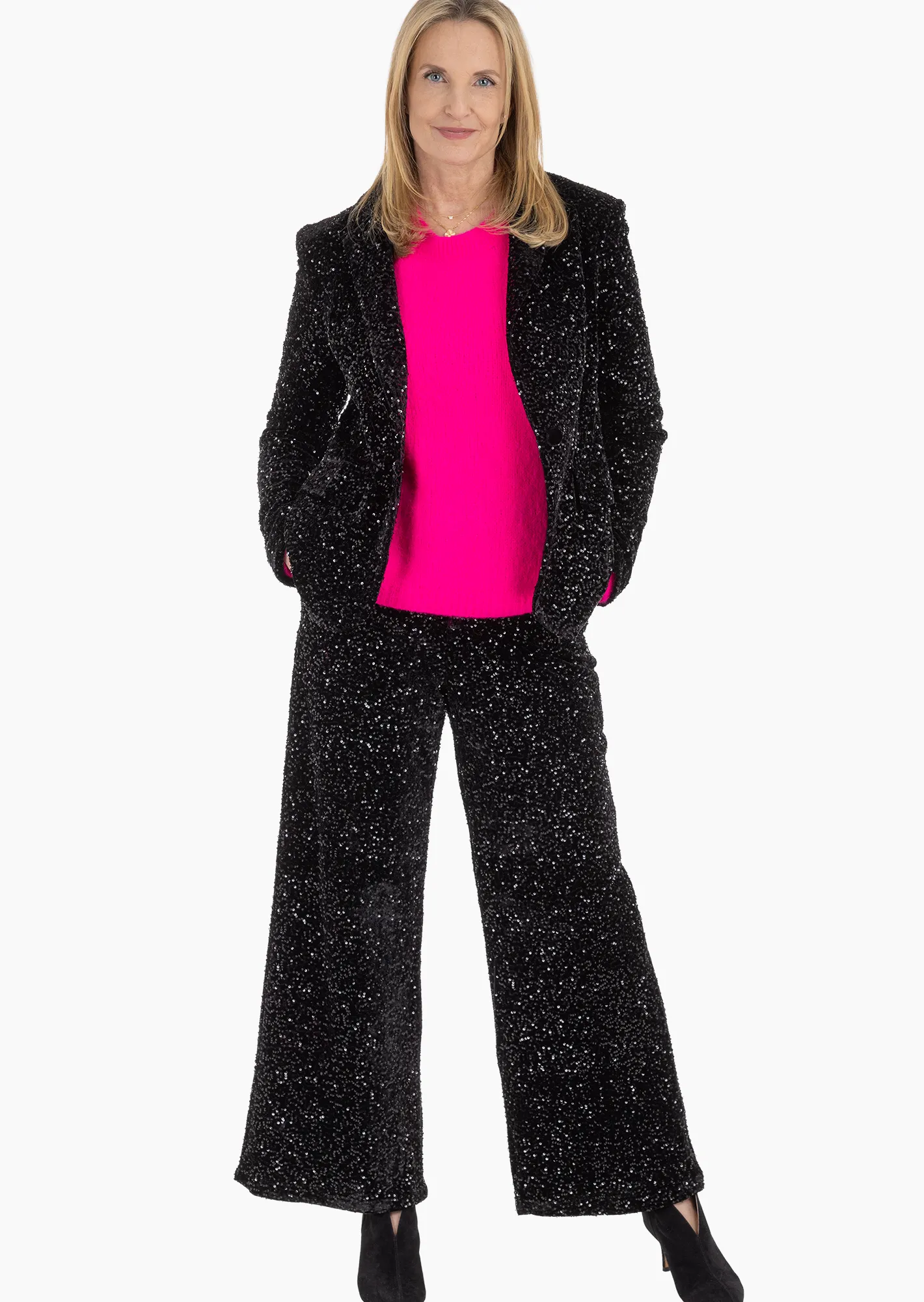 Samthose mit Pailletten, schwarz