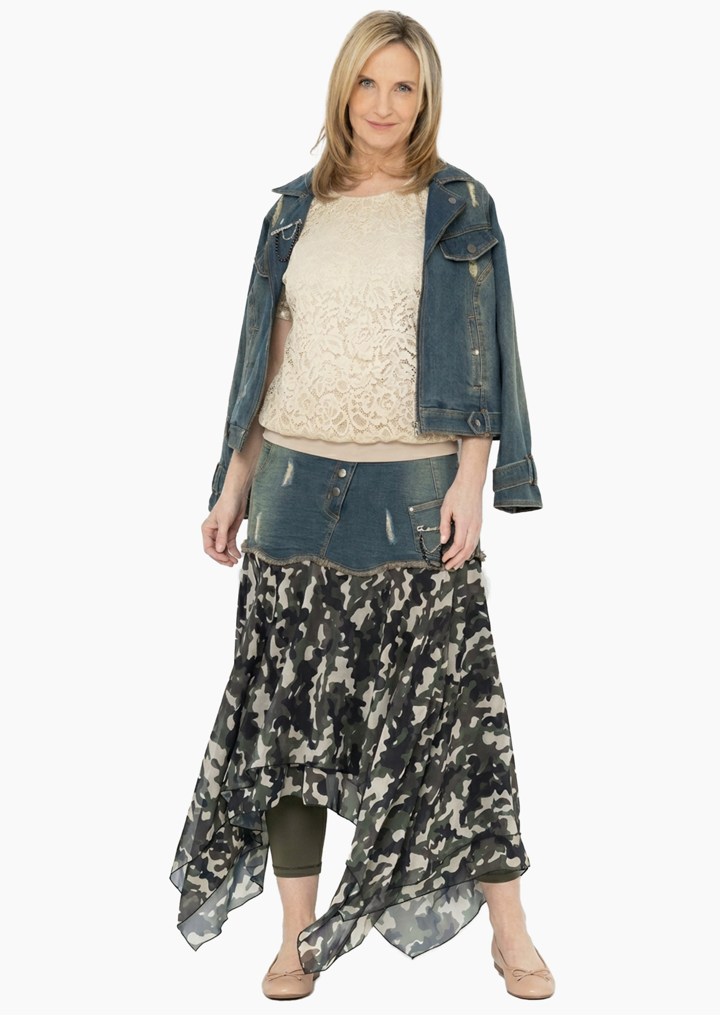 Rock im Denim- und Camouflagestyle, oliv