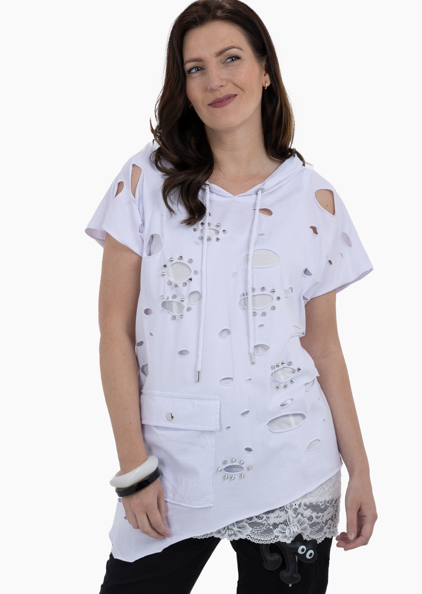 Shirt mit Loch-Optik - Lagenlook, weiß
