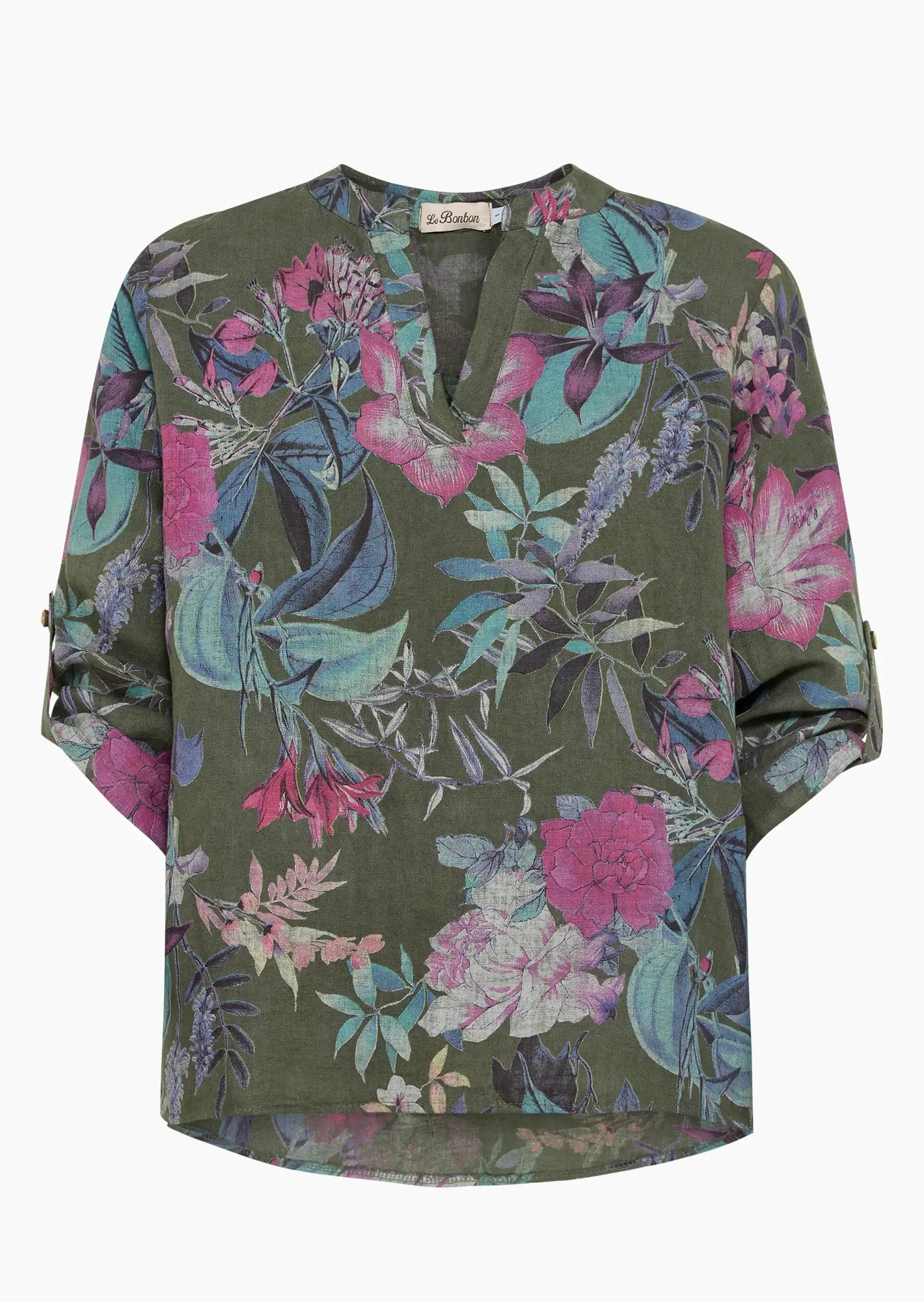 Leinenbluse mit floralem Print, khaki