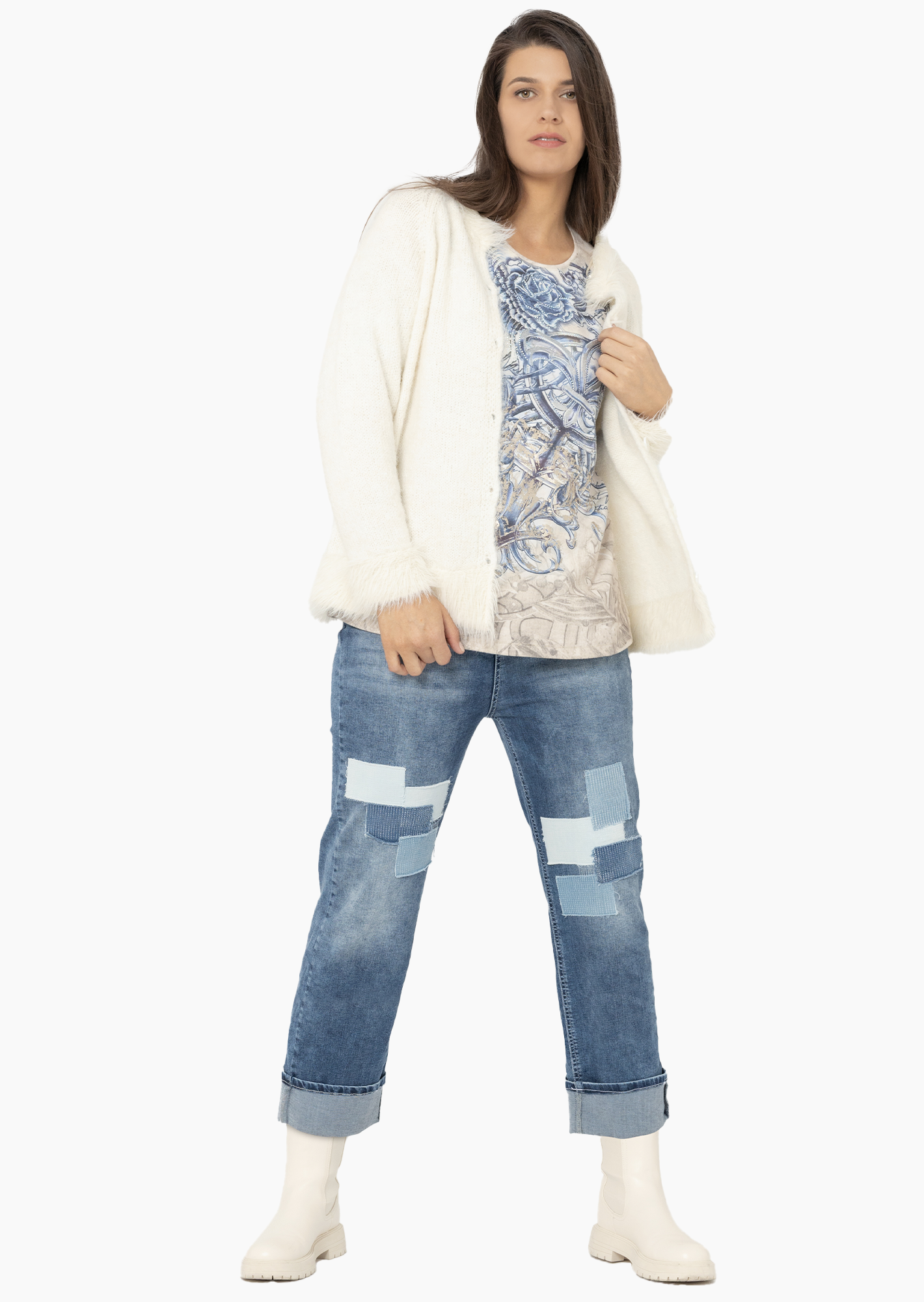 Wide Leg Jeans mit Patches, blue denim