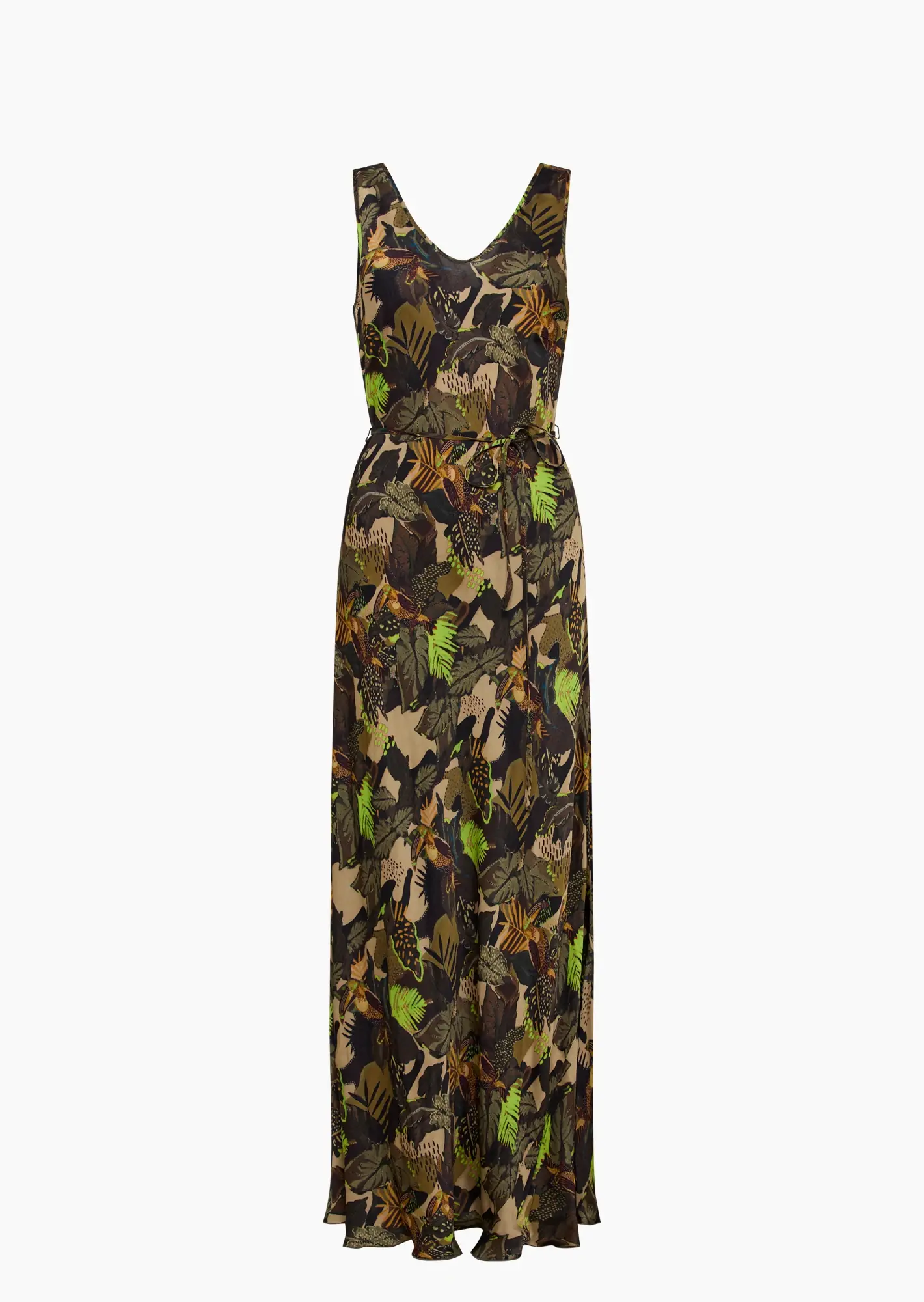 Print-Maxi-Kleid in glänzendem Viskose-Satin, oliv