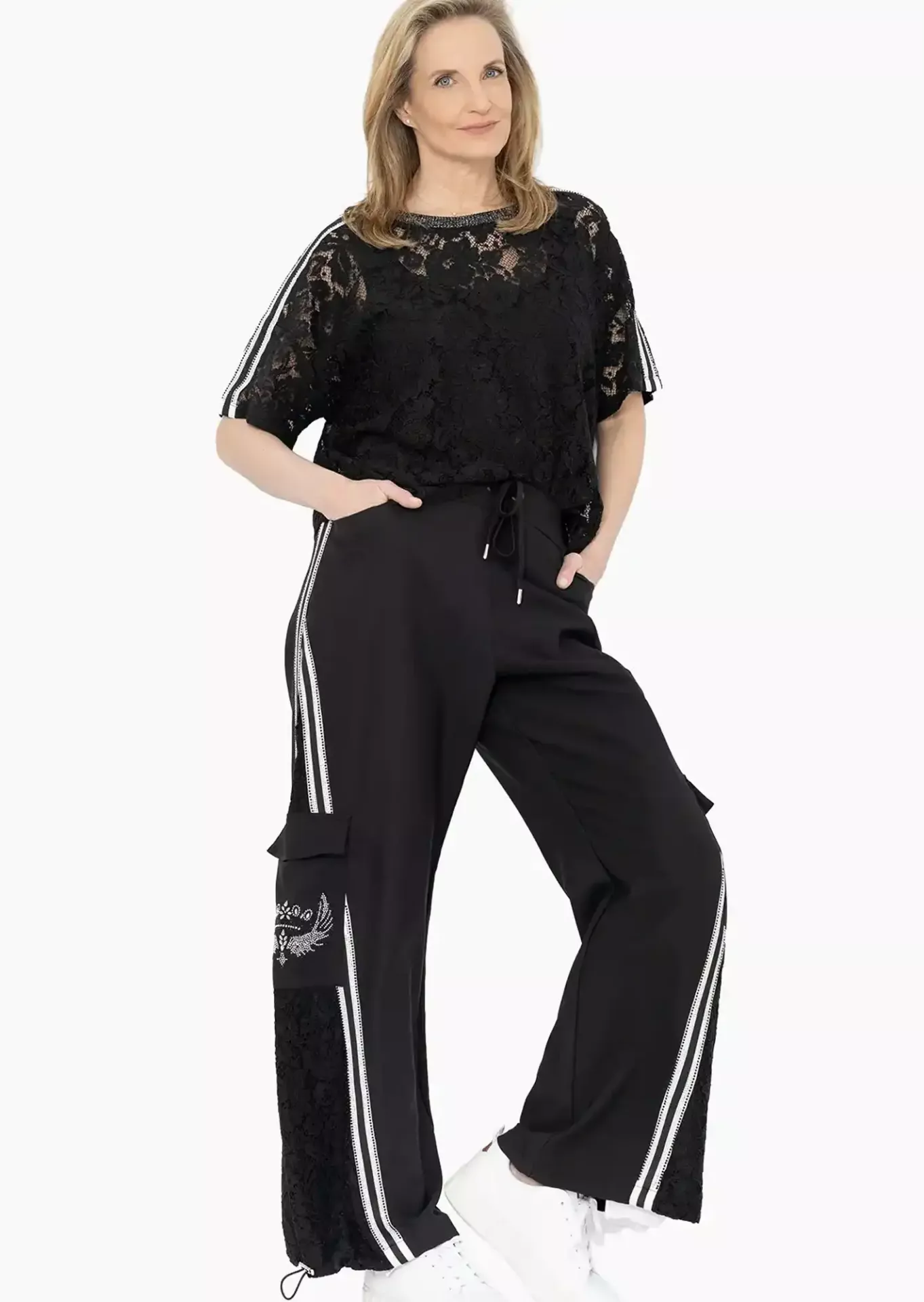 Hose Wide Leg mit dekorativen Details, schwarz