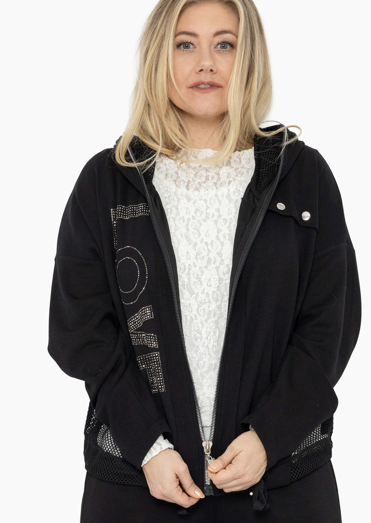 Jacke mit Mesh & Ziersteinen, schwarz