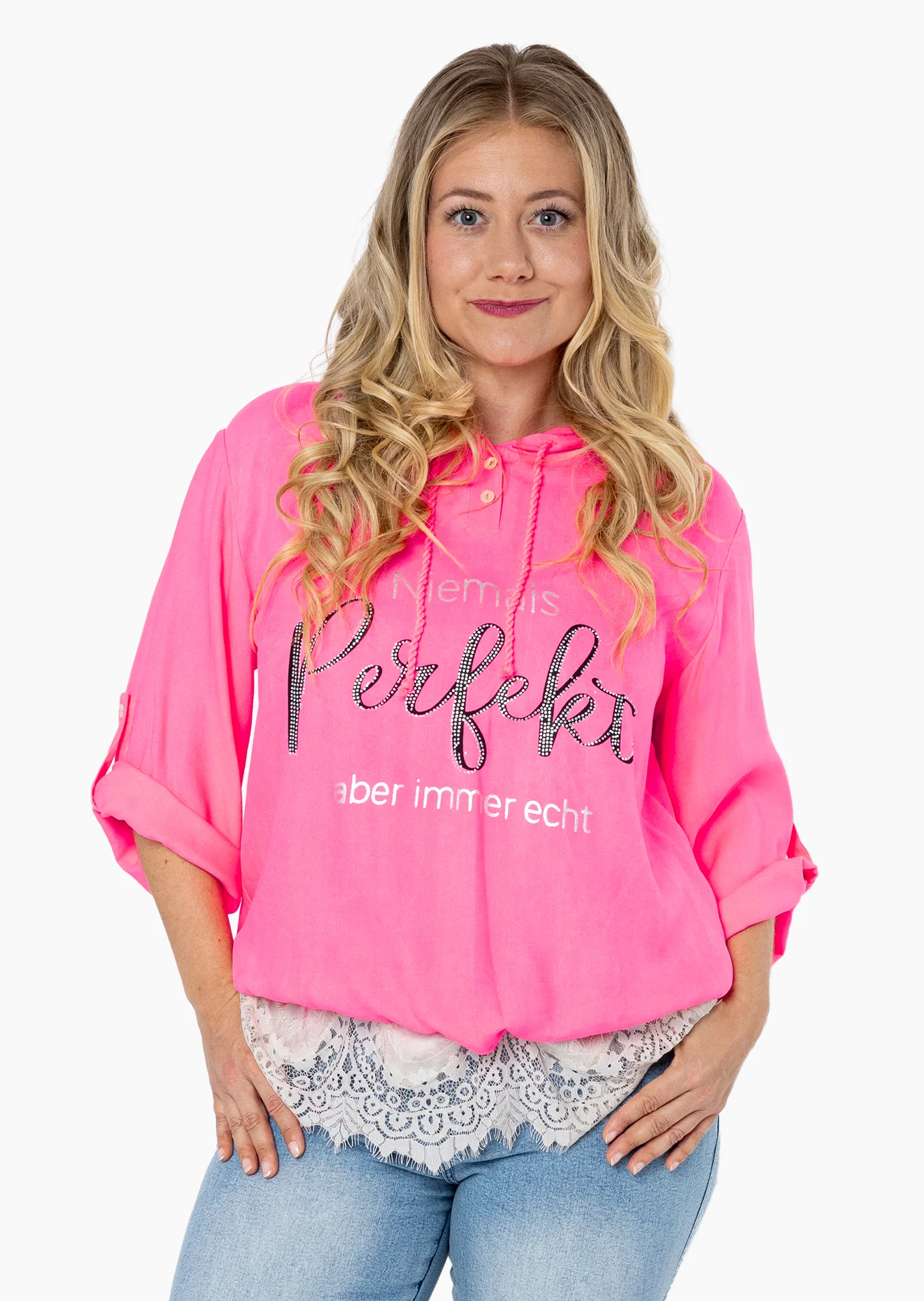 leichte Bluse mit Statement, neonpink