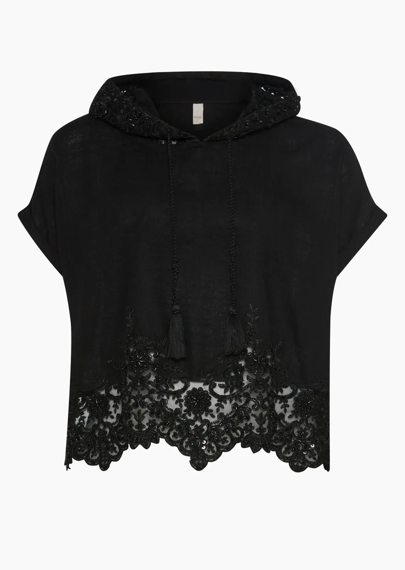 Leinenmixbluse mit Zierperlen und Spitze, schwarz