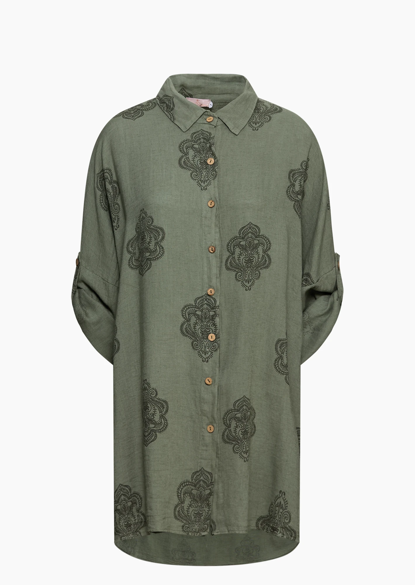 Leinenbluse mit Ornamenten, khaki