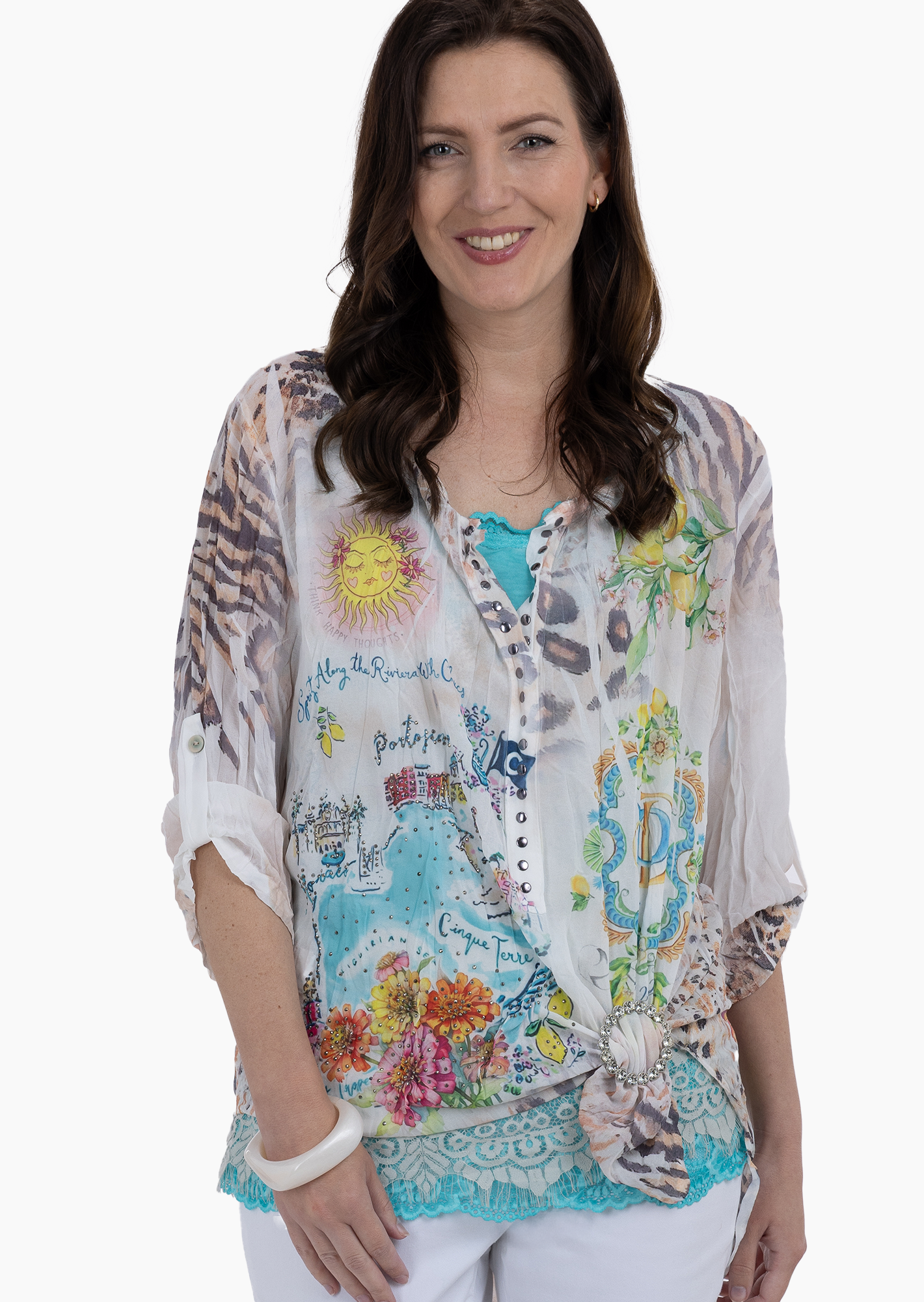 Bluse mit sommerlichem Print & Animaldetails, bunt